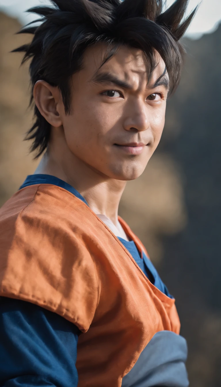 ((goku)),masterpiece, (((realistic, 8k, best quality))),realistic, asian male, smile, gi, orange gi, dark blue short-sleeved undershirt,grin