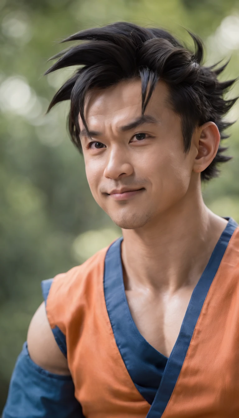 ((goku)),masterpiece, (((realistic, 8k, best quality))),realistic, asian male, smile, gi, orange gi, dark blue short-sleeved undershirt,grin
