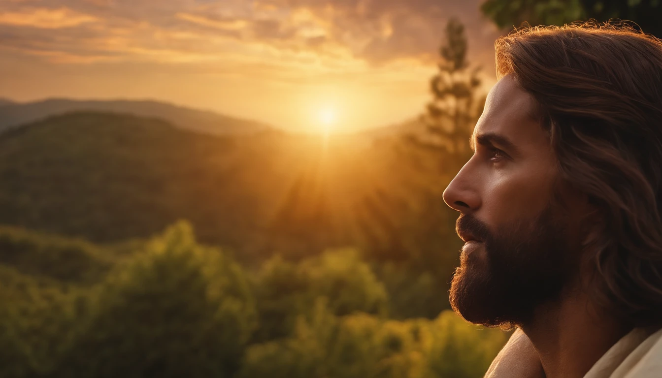 Generate an 8K image of Jesus Christ in prayer looking up, with a background of lush nature, beautiful sunrise, soft light, intense colors, realistic, cinematic, 8k