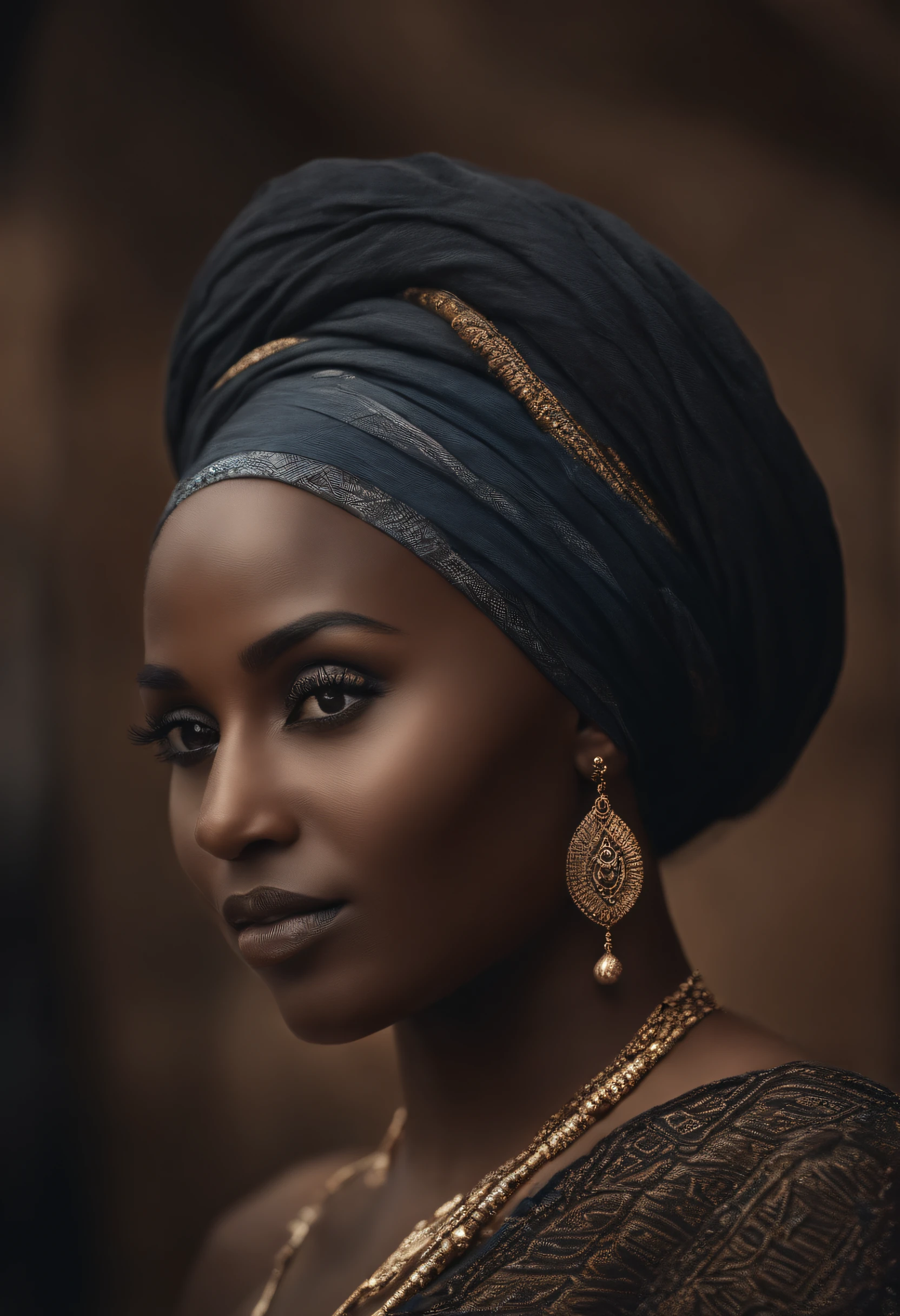 close-up of arab black African Hausa WOMAN of ancient times, very realistic , cheveux noirs avec turban, Texture naturelle de la peau, 24 mm, Textures 4k, soft cinematic light, Photo brute, photorealism, photoreallistic, complexe, elegant, highly detailed, mise au point nette, ((((((cinematic look)))), tons doux, insane detail, Intricate details, hyperdetailed, Faible contraste, soft cinematic light, couleurs sombres, exposure blend, Hdr, faded