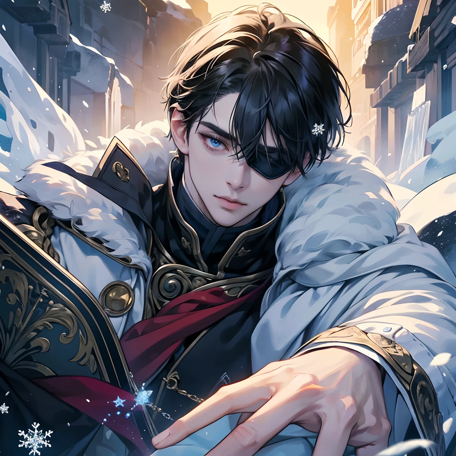 Cover for a fantasy book. Anime realism. cold colors. tmasterpiece, super detaill, Crystal Eyes. 1 man with a blindfold on his left eye lies on the snowy ground and looks straight at the sky, Snowflakes fall on his hair, black short hair, without one arm in dark medieval noble robes, portraite of a, s face, Melancholic face,  lying in the snow with golden roses, 1 eye, 1 arm, hairband, ember