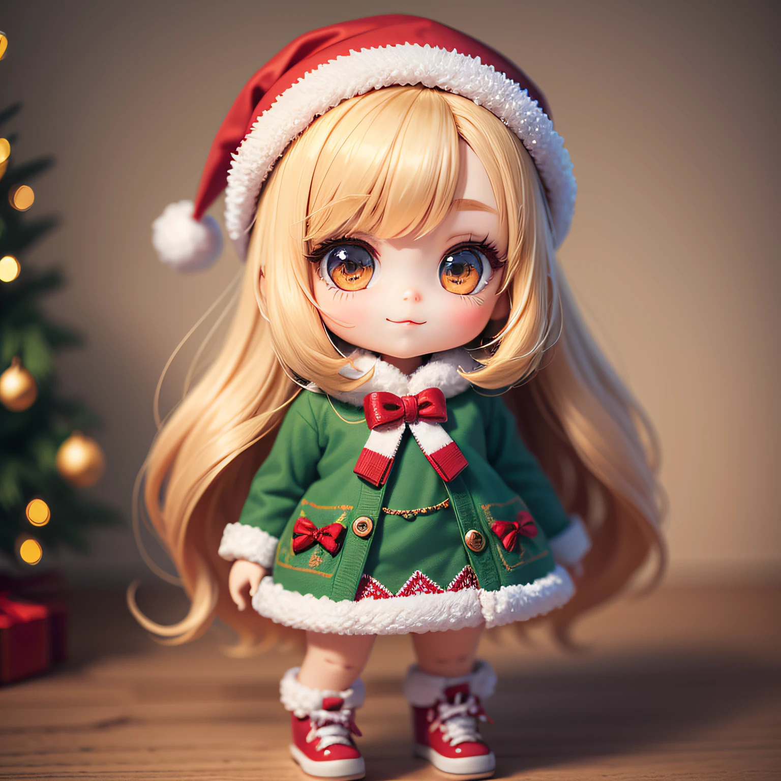 Create a series of chibi style dolls with a cute Christmas theme, sorridente e fofo, each with lots of detail and in an 8K resolution. All dolls should follow the same solid background pattern and be complete in the image, mostrando o (corpo inteiro, incluindo as pernas: 1.5). Must be standing. Boneco Natal: Chame-a de Beto. Ela deve ter cabelos em tons coloridos e natalinos. Seus olhos devem ser grandes e brilhantes, with long eyelashes and rosy cheeks. Must be dressed in a jumpsuit in Christmas tones. She should wear a hat and have Christmas accessories on hand, while in the other has nothing. Don't forget the details, com detalhes coloridos e enfeites encantadores, sapato bonito Certifique-se de adicionar sombras, texturas e detalhes nos cabelos, roupas, Cute accessories of each doll, to make them even more adorable and charming.