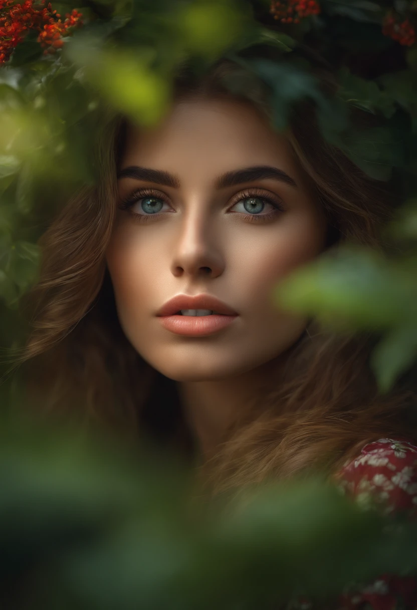 beautiful detailed eyes,beautiful detailed lips,extremely detailed face,longeyelashes,one girl,portrait,photorealistic,hdr,vivid colors,soft lighting,greenery,nature,floral environment,plants,peaceful atmosphere,bokeh,highres,masterpiece:1.2