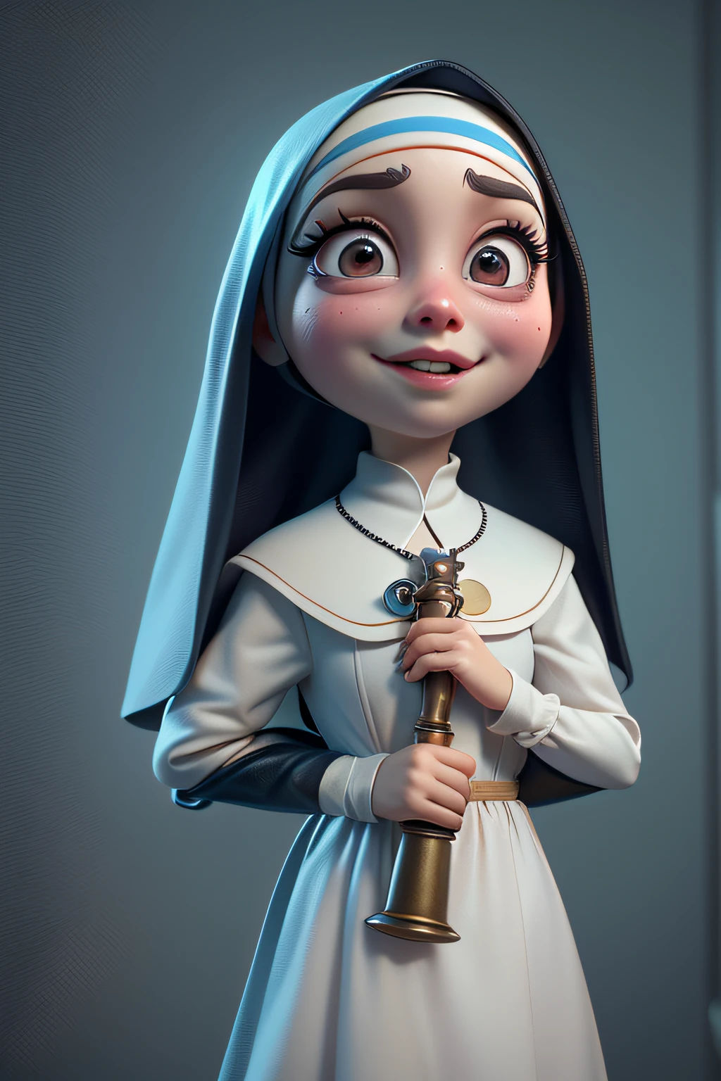 masterpiece, best quality, 3dmm style, 1girl, nun, solo, jewelry, necklace, habit, cross necklace, brunette, looking at viewer, skirt, simple background,