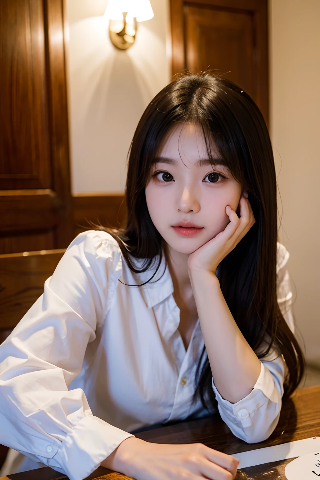 there is a woman with long hair sitting at a table, wan adorable korean face, shot on nikon z9, young adorable korean face, portrait of female korean idol, she has a cute expressive face, young cute wan asian face, captured on canon eos r 6, she has a cute face, shot on canon eos r 5, shot on canon eos r5