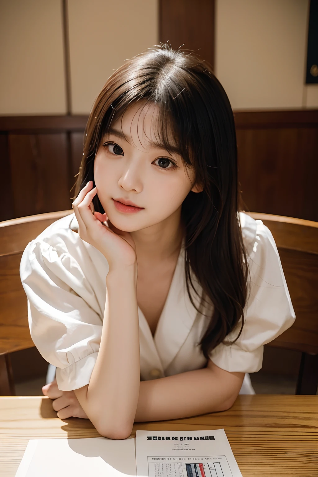 there is a woman with long hair sitting at a table, wan adorable korean face, shot on nikon z9, young adorable korean face, portrait of female korean idol, she has a cute expressive face, young cute wan asian face, captured on canon eos r 6, she has a cute face, shot on canon eos r 5, shot on canon eos r5
