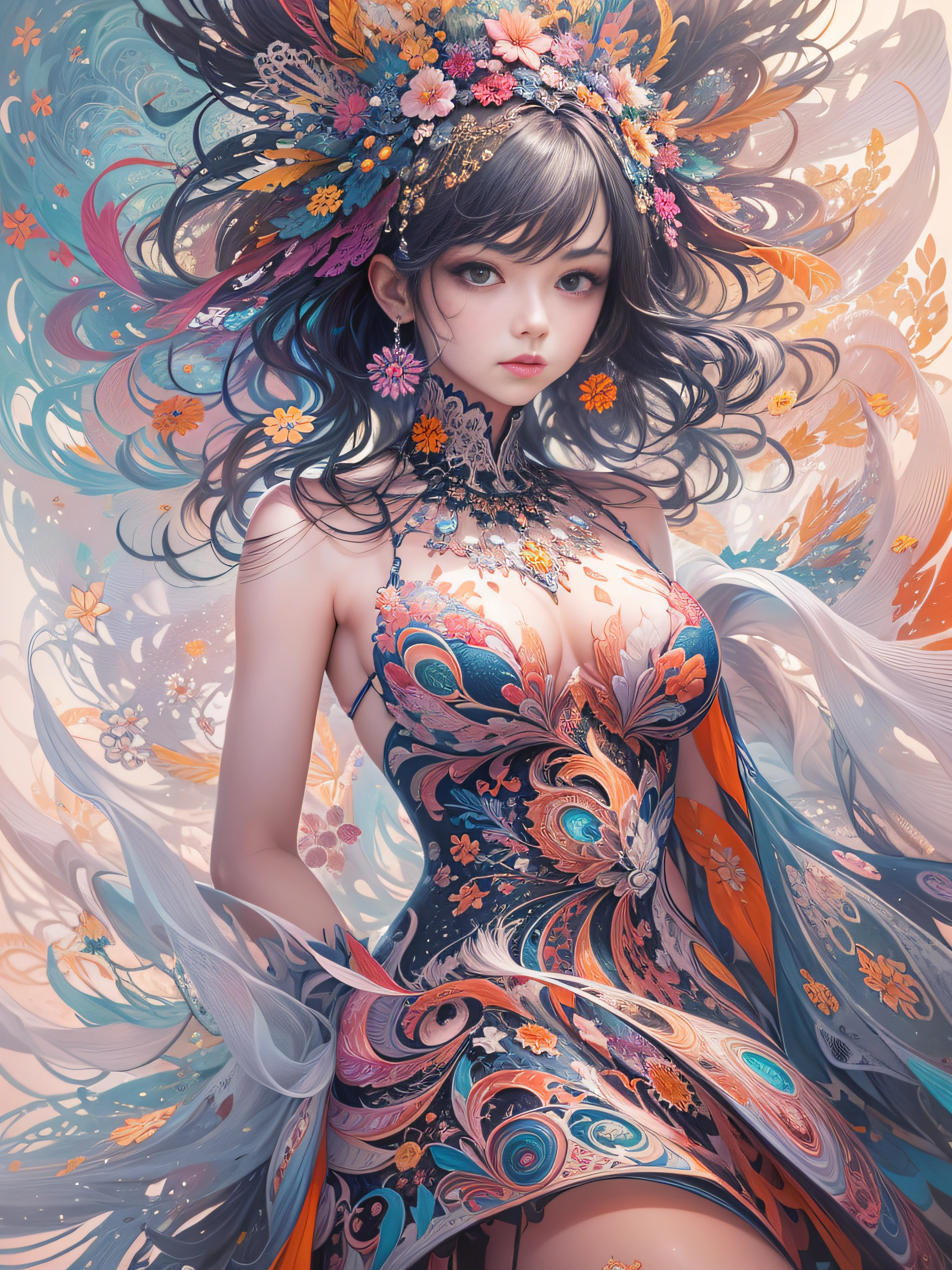 ichiro, (masterpiece, top quality, best quality, official art, beautiful and aesthetic:1.2), (1girl:1.3), extremely detailed, (fractal art:1.2), colorful, highest detailed, (zentangle:1.2), (dynamic pose), (abstract background:1.5), (sexy dress:1.2), (shiny skin), (many colors:1.4), masterpiece, best quality, high quality, highres, 16K, RAW, ultra highres, ultra details, finely detail, an extremely delicate and beautiful, extremely detailed, real shadow, anime, highly detailed painted, award winning glamour paintting, wonderful paintting, art style, stylized,