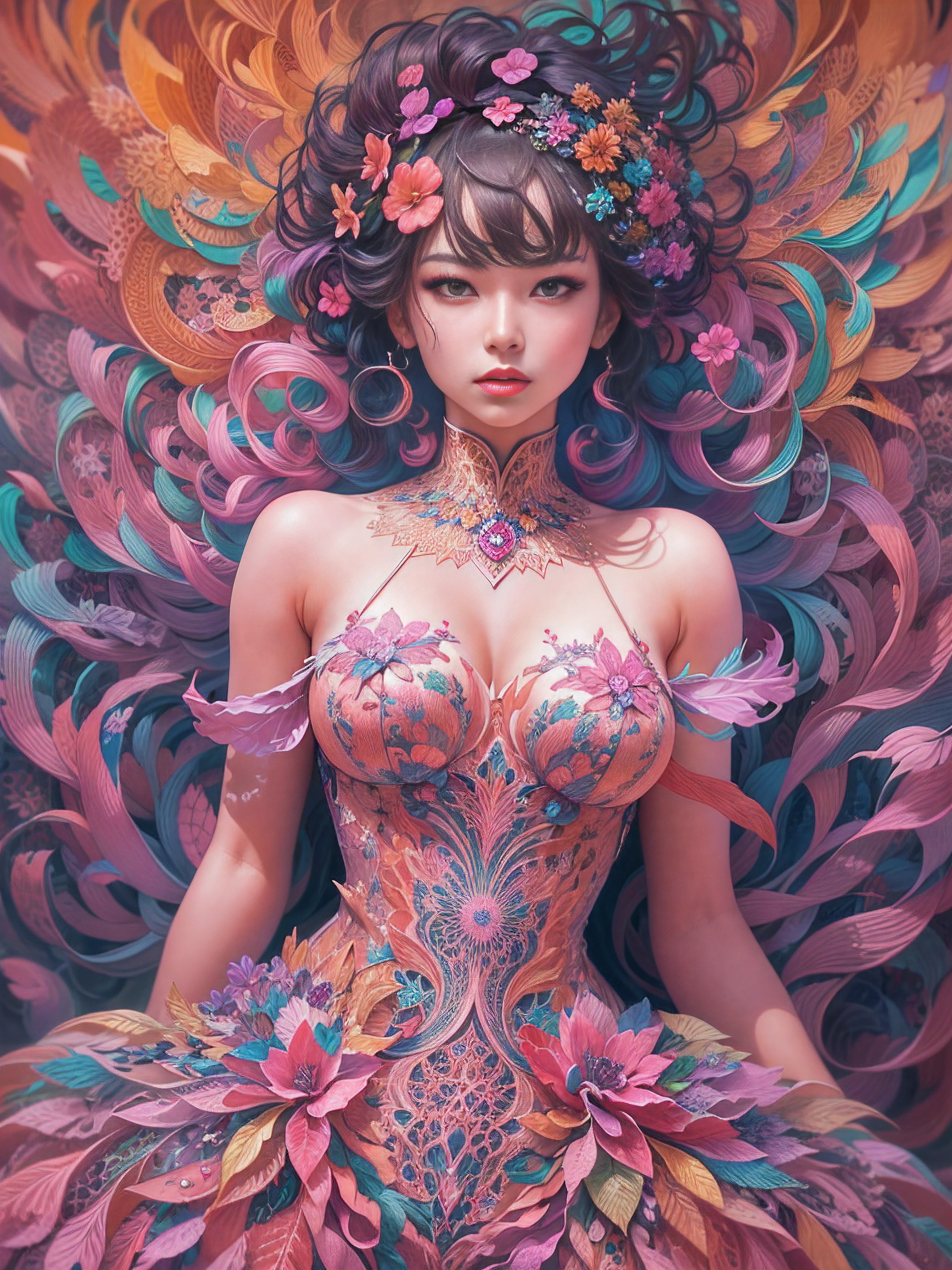 ichiro, (masterpiece, top quality, best quality, official art, beautiful and aesthetic:1.2), (1girl:1.3), extremely detailed, (fractal art:1.2), colorful, highest detailed, (zentangle:1.2), (dynamic pose), (abstract background:1.5), (sexy dress:1.2), (shiny skin), (many colors:1.4), masterpiece, best quality, high quality, highres, 16K, RAW, ultra highres, ultra details, finely detail, an extremely delicate and beautiful, extremely detailed, real shadow, anime, highly detailed painted, award winning glamour paintting, wonderful paintting, art style, stylized,