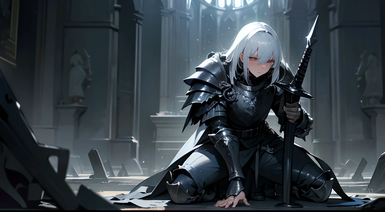 Masterpiece, best quality, detailed, trending on artstation, 1man, knight, deathknight, oathbreaker, white hair, crying, tears sparkling, blushing, full plated, great helm, spiked pauldrons, skull chestplate, silvery details on armor, belts, greaves, leather leggings, corrupted greatsword, praying, on knees, destroyed church, dim ambiance, ambiance light, night