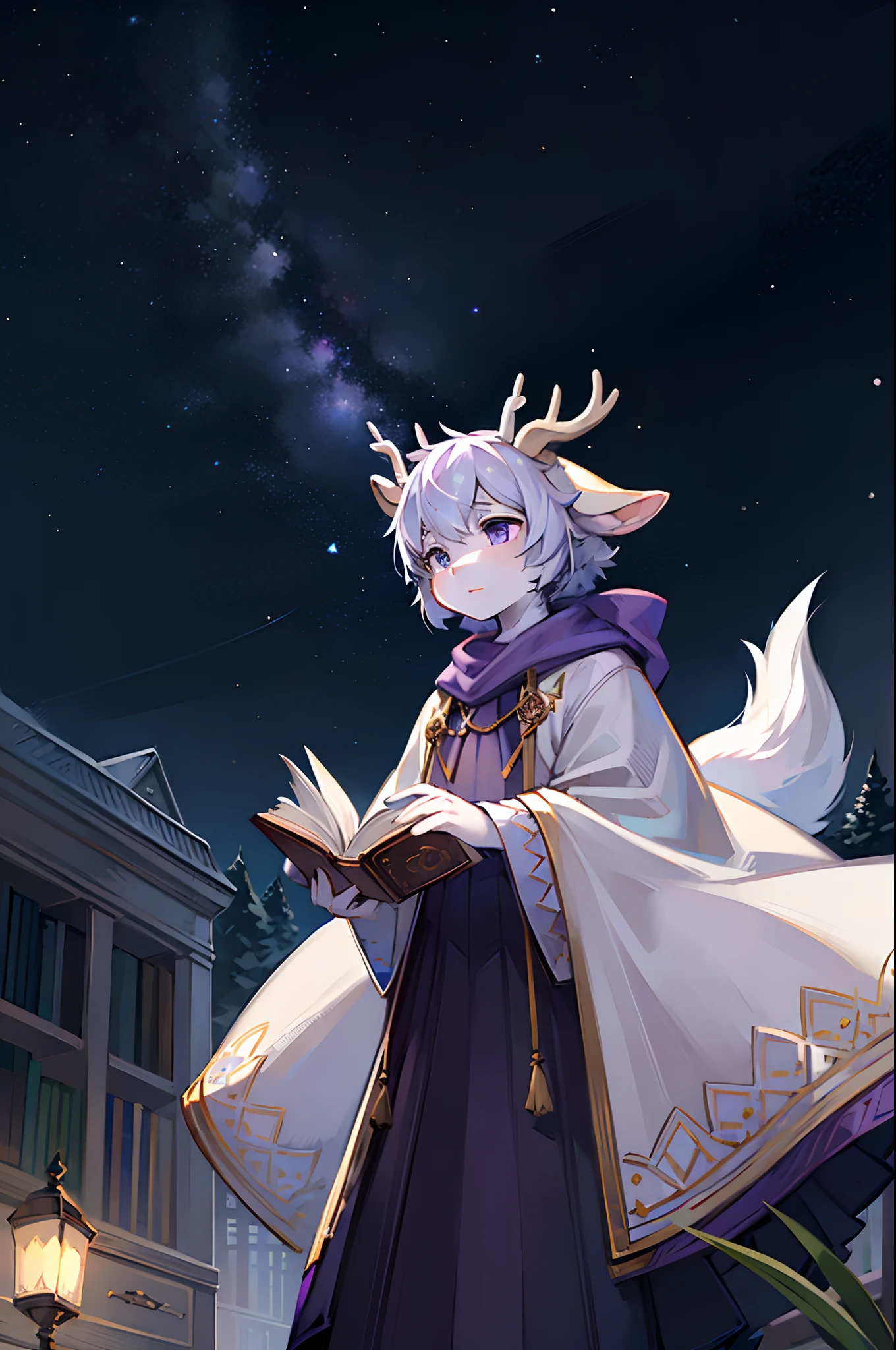 A white deer,White robe,Purple shawl,starrysky,As estrelas,nigth,Book in hand,basket,adolable,Beast too,Ambiguous gender,the pale blue sky,On the grass,Bright stars,deer antlers,