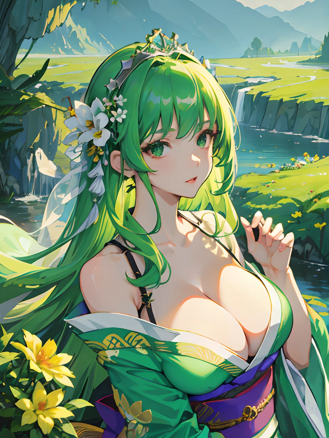 ((masterpiece, best quality)), (1girl), (solo), (female focus), (green hair, long hair, flower tiara), green eyes, ((green kimono)), ((huge breasts, shining breasts)), portraits, close up, upper body, spring season background