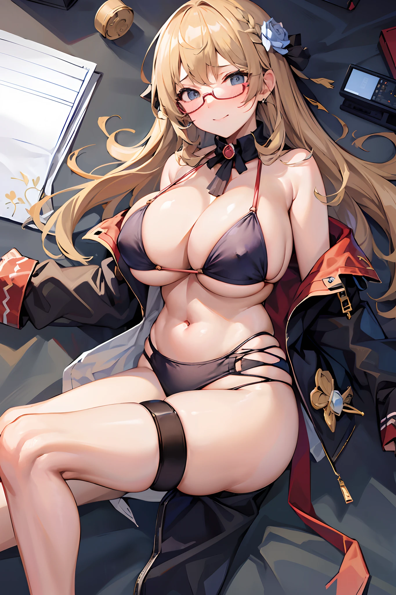 high-level image quality、masutepiece、4K,8K,Official art、1girl in,(huge-breasted:1.4),bikini,blondehair、eye glass、Long