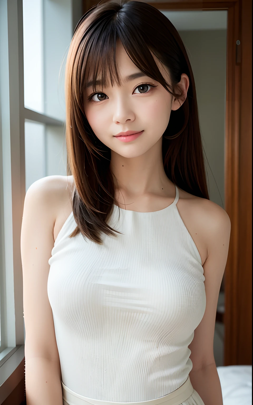 masutepiece, Best Quality, 8K, Mirror on desk, Raw photo, Professional Photography, Portrait, Soft light, Professional Lighting, Smile, close up, Face, close up, Cute, Girly, Goddess, Delicate girl, Neat and clean beauty, Upper body, Digital SLR, Sophisticated, Film grain,