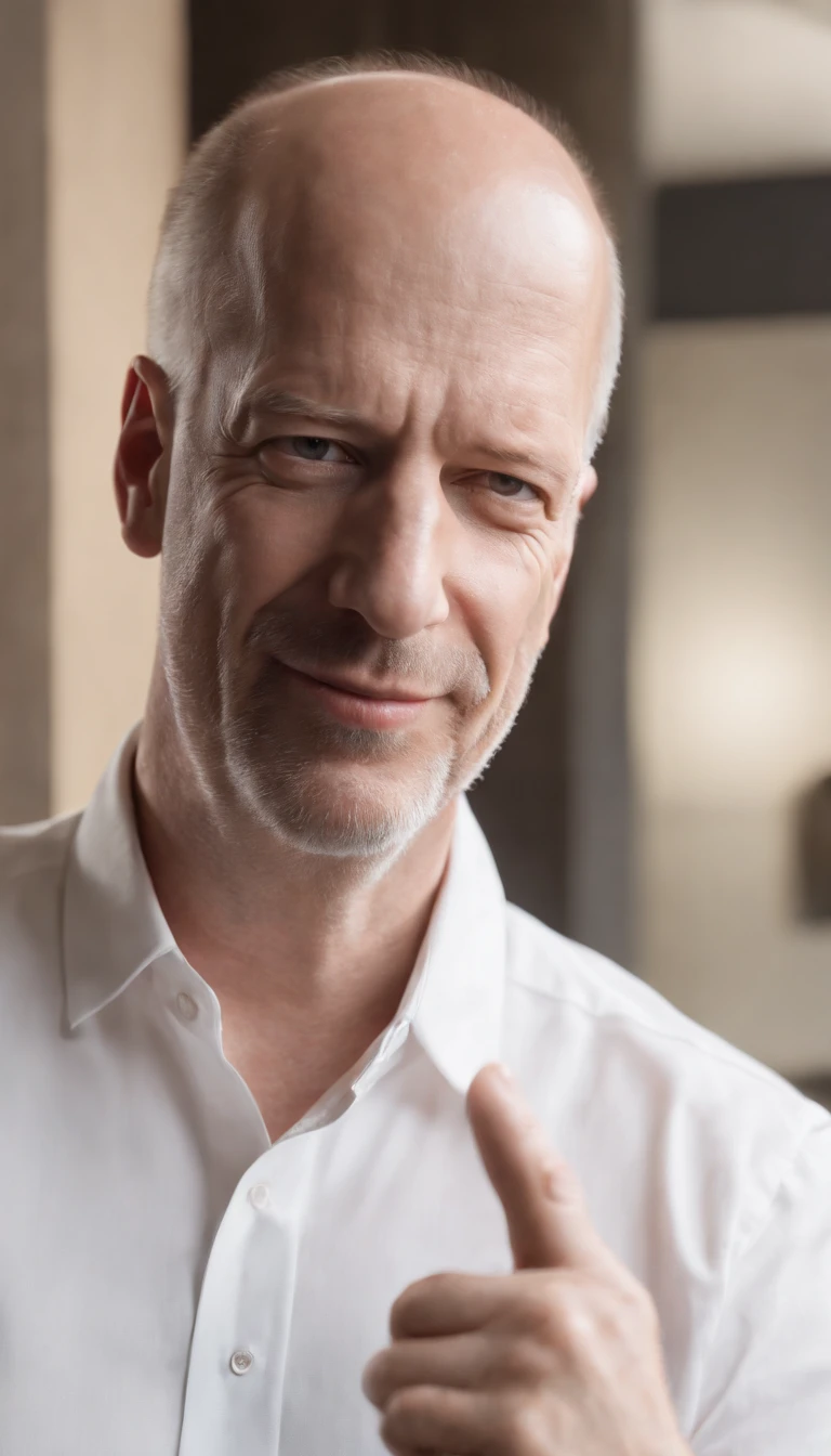 ((homer simpson)),masterpiece, (((realistic, 8k, best quality))),realistic,male, smile,white collarshirt, after shave, balding