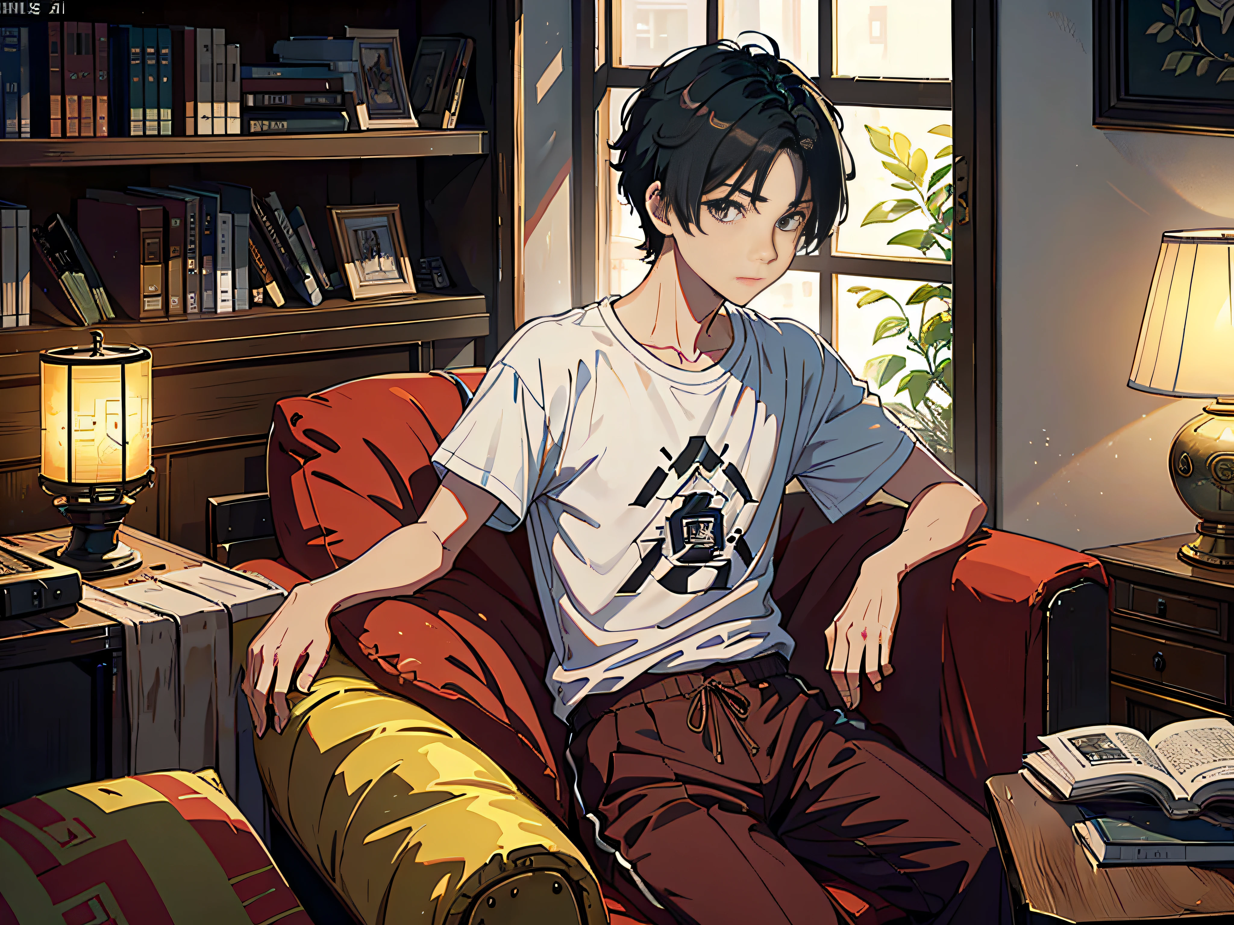 The protagonist is a boy, a boy sitting in the living room of the villa, sitting on a luxury sofa, boy, male classmate, family background, bookcase, this male classmate is wearing a white T-shirt, short black hair, the male classmate looks at the camera, the lens is mainly featured on the upper body, in the Loepfe art style ((Xinhaicheng), popular in CGStation, Xinhaicheng H 2160, inspired by Bian Shoumin, Xinhaicheng, Kavasi, Guwitz's style, high-quality pictures, 4K, 8K, resolution,