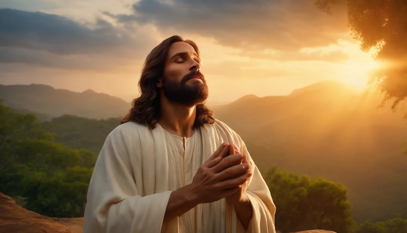 Generate an 8K image of Jesus Christ in prayer looking up, with a background of lush nature, beautiful sunrise, soft light, intense colors, realistic, cinematic, 8k