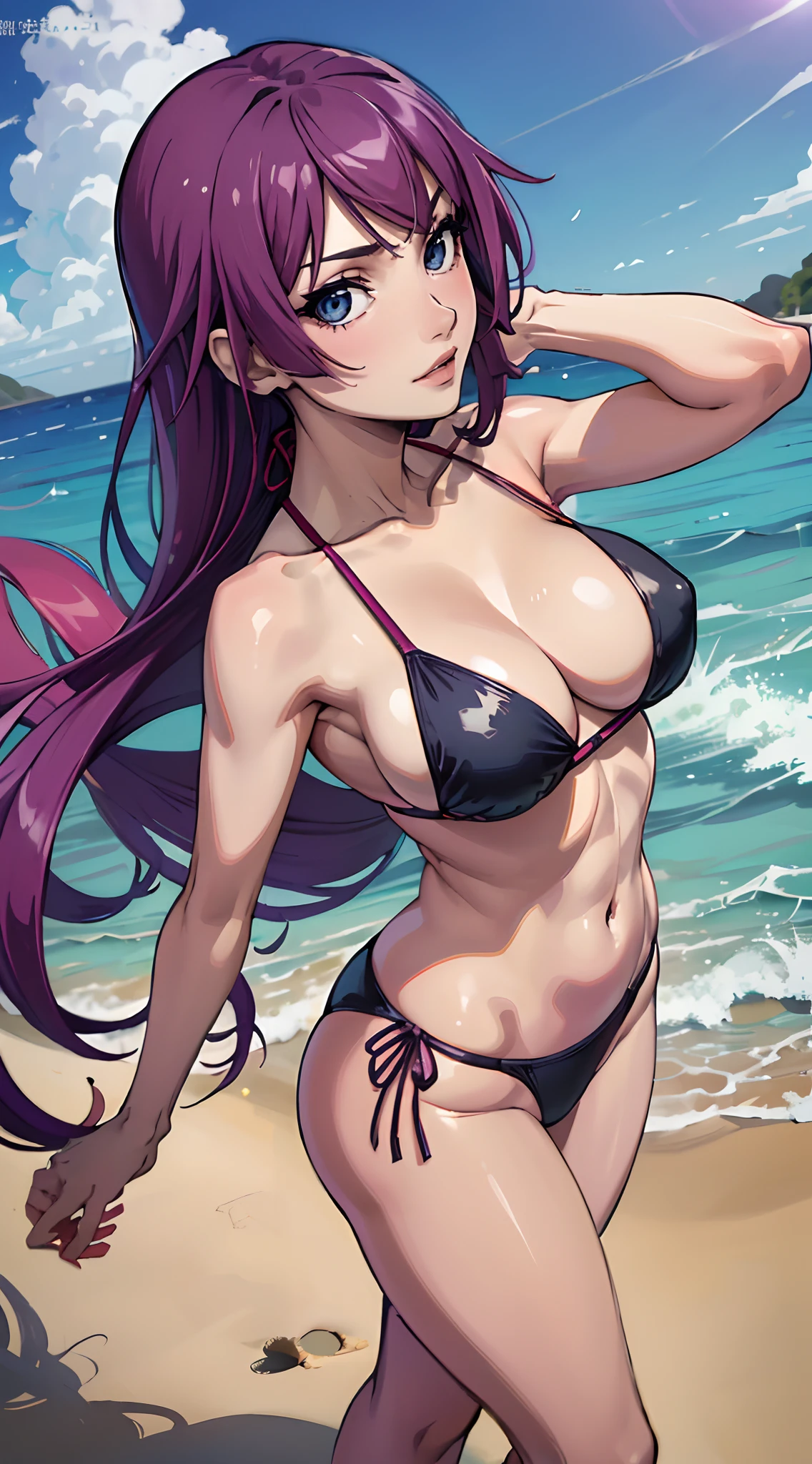 (melhor qualidade:1.3), Hitagi Senjougahara por Monogatari, (cabelos longos), peituda, clivagem, sedutora, rosto sexy, sexy, body curvy, bunda grande, peitos grandes, (purple bikini), (Praia)