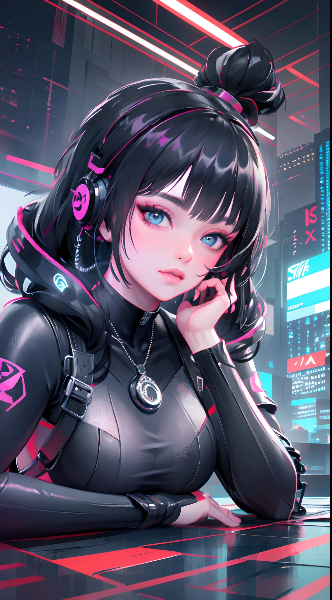 A gamer with straight black hair, black headset, eyes browns, slanted eye, present colors( neon pink and black) 
