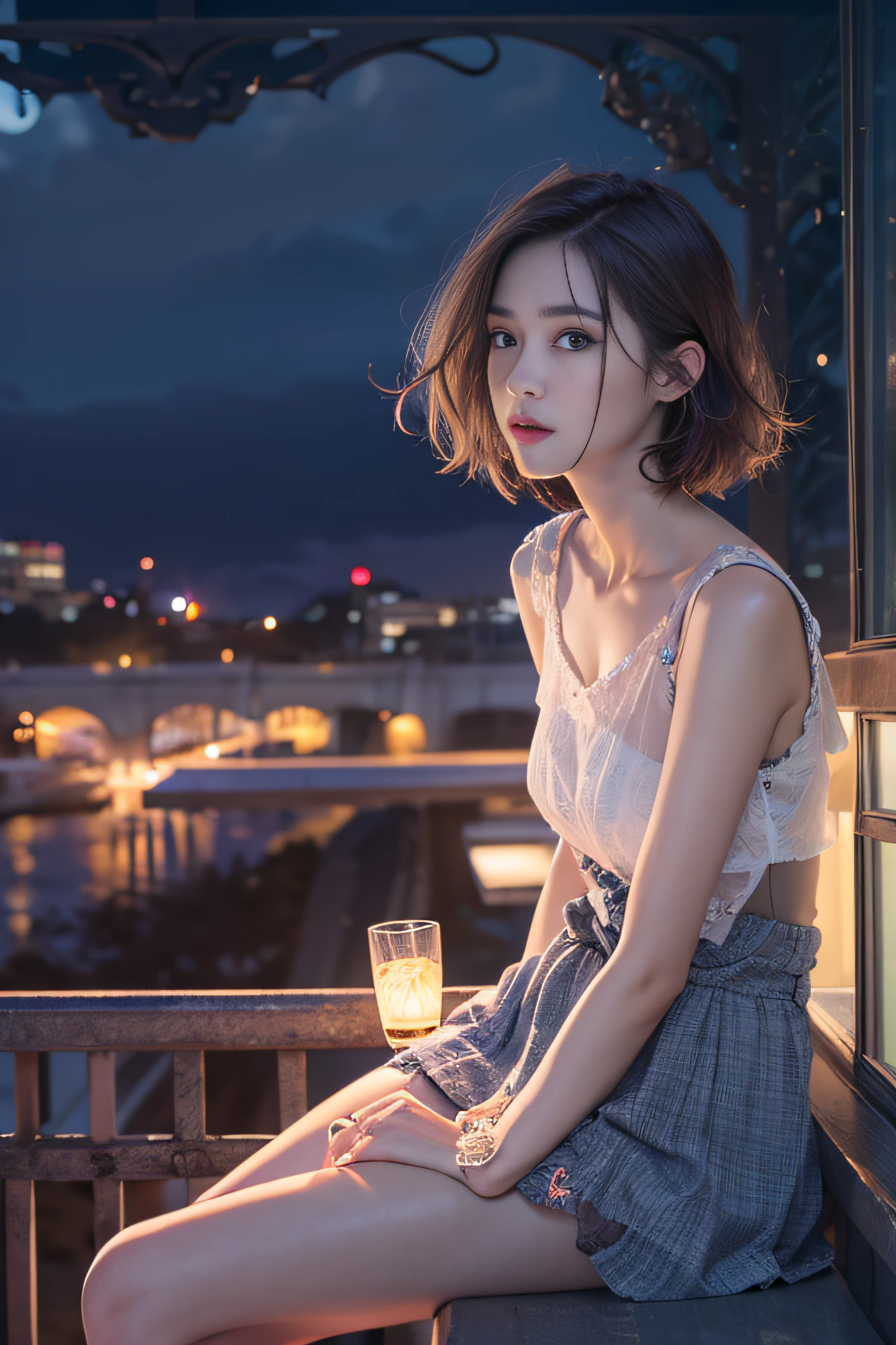 1girl in、(mid night)、Beautiful sky、cafes、sitting on、(beautiful and detailed face:1.4)、Textured skin、lighting like a movie、Sleeveless