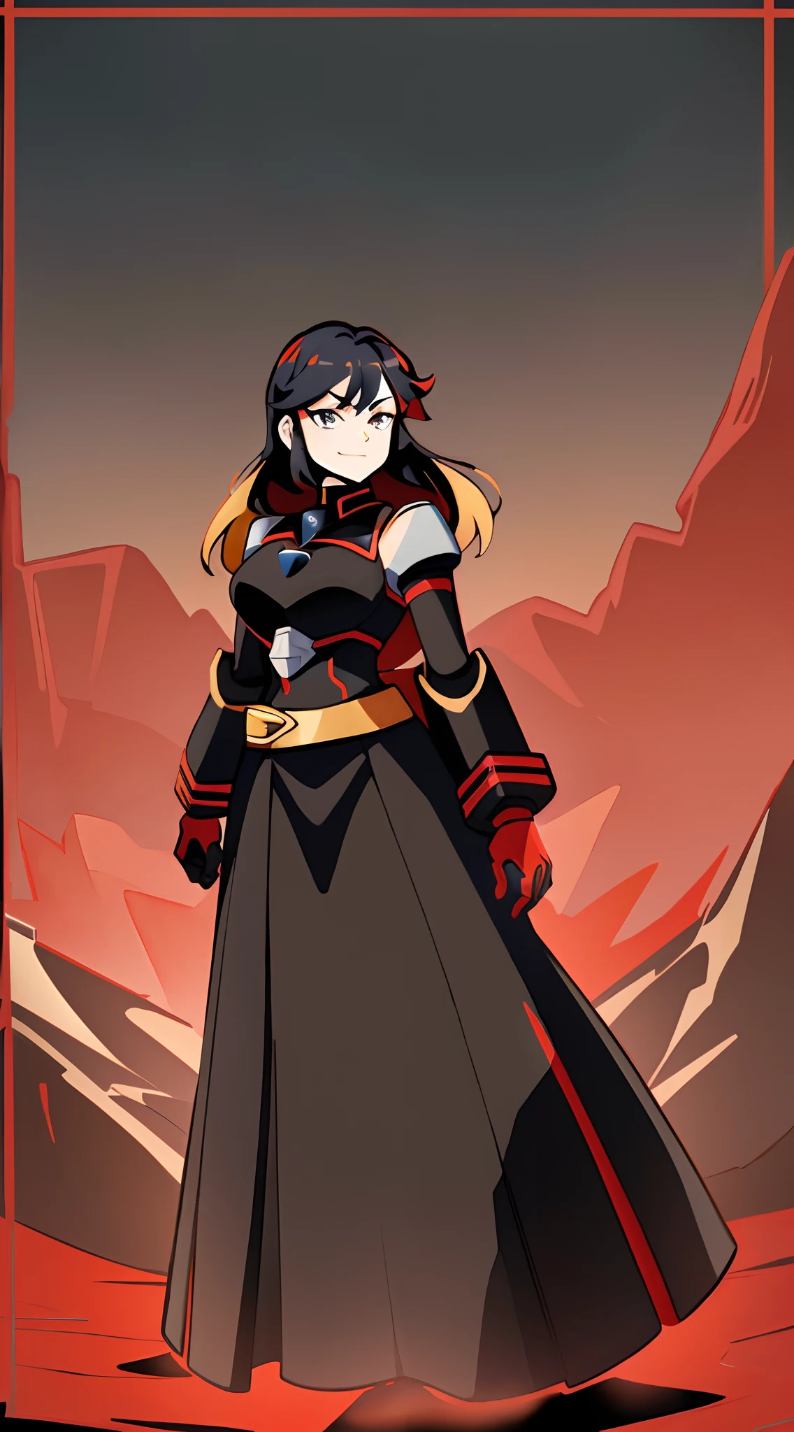 ((Masterpiece, Best Quality)), 1Girl, Princess Ryuko matoi wearing Heavy red black and gold Knight Armor, heavy mech armor, cyber armor red and black, gold belt, heavy red black dress, long hair, long tapered red dress with gold and black highlights, princess armor, long flowing black dress with red highlights and gold waist belt, red mechsuit, looking at viewer at eye-level, full-body, forest background, forest background with large mountains, heavy armored black gold and red dress, looking at viewer with closed smirk