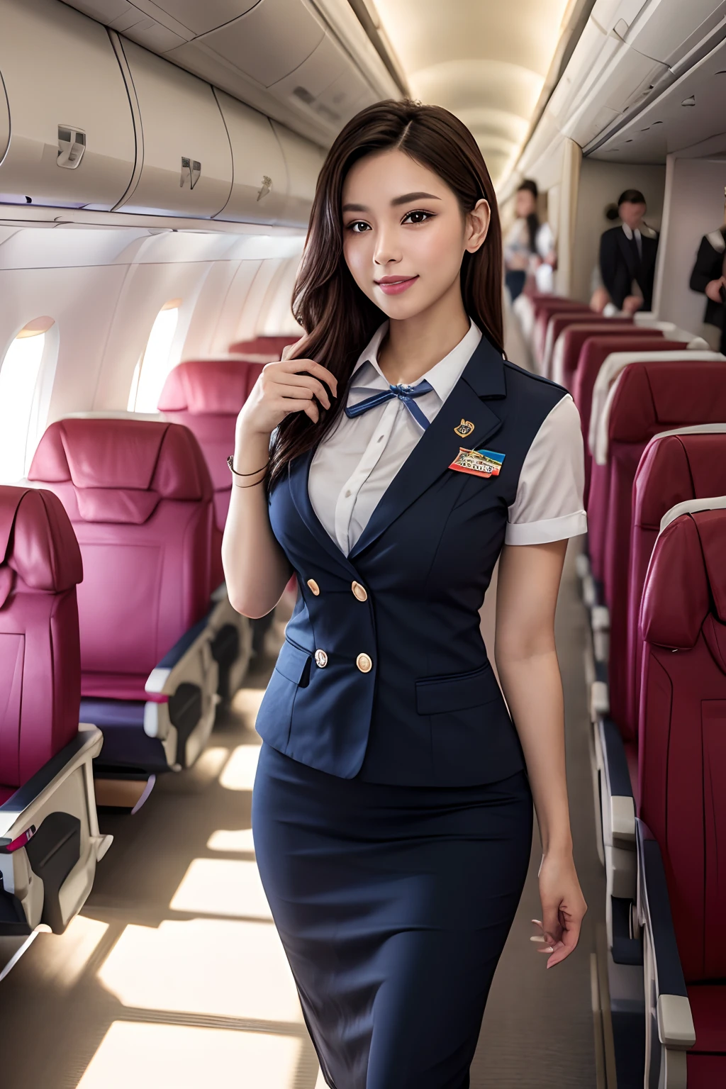 1womanl, 19 years、hyperdetailed face、Detailed lips、A detailed eye、二重まぶた、Brunette Bob Hair、Smiling as you walk slowly down the aisle、(Stewardess uniform:1.2)、(Glamorous body)、(huge tit)、perfect hand, Perfect fingers, thighs thighs thighs thighs, Perfect fit, perfect bodies, face perfect, Perfect image realism, Background with: (Business Class aisle on airplanes:1.2), Cowboy Shot, Meticulous background, detailed costume, Perfect litthing、Hyper-Realism、(Photorealsitic:1.4)、8K maximum resolution, (​masterpiece), ighly detailed, Professional