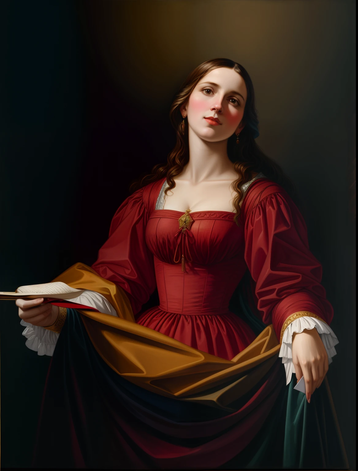 Painting of a woman in a red dress holding a piece of paper, majestosa mulher de santo, Directed by: Gerald van Honthorst, inspirado em Johannes Cornelisz Verspronck, pintura digital renascentista, pintura digital barroca, inspirado em Johann Friedrich Overbeck, Gerard Van Honthorst, retrato da obra-prima religiosa, pintura de uma mulher, inspirado em Friedrich von Amerling