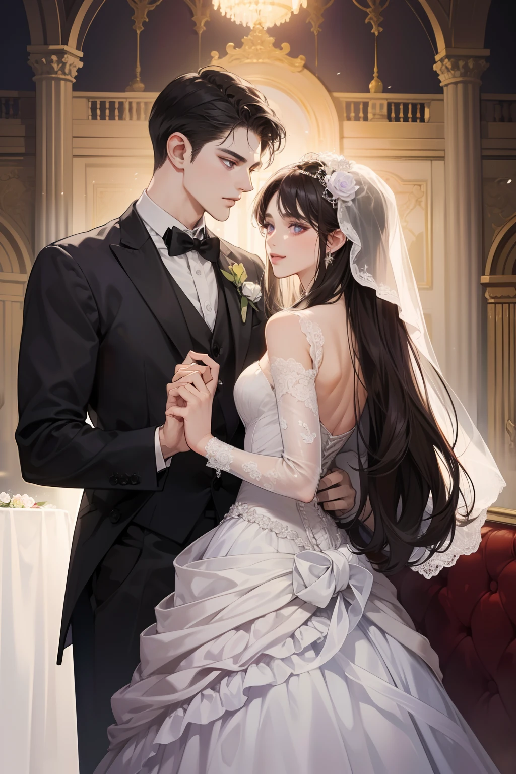 couple, 1 man 1 woman, different hair color, extremely detailed face, ((woman with Long dark black front bang hair with and purple eyes)), man with short dark brown hair and dark grey eyes, face to face, 25 years old, Victorian era, (woman wears a wedding dress and holds a flower), (man wears a suit and a smirk), dim light, boy is taller, (getting married), (dark purple eyes woman), (dark grey eyes man), in the wedding ceremony
