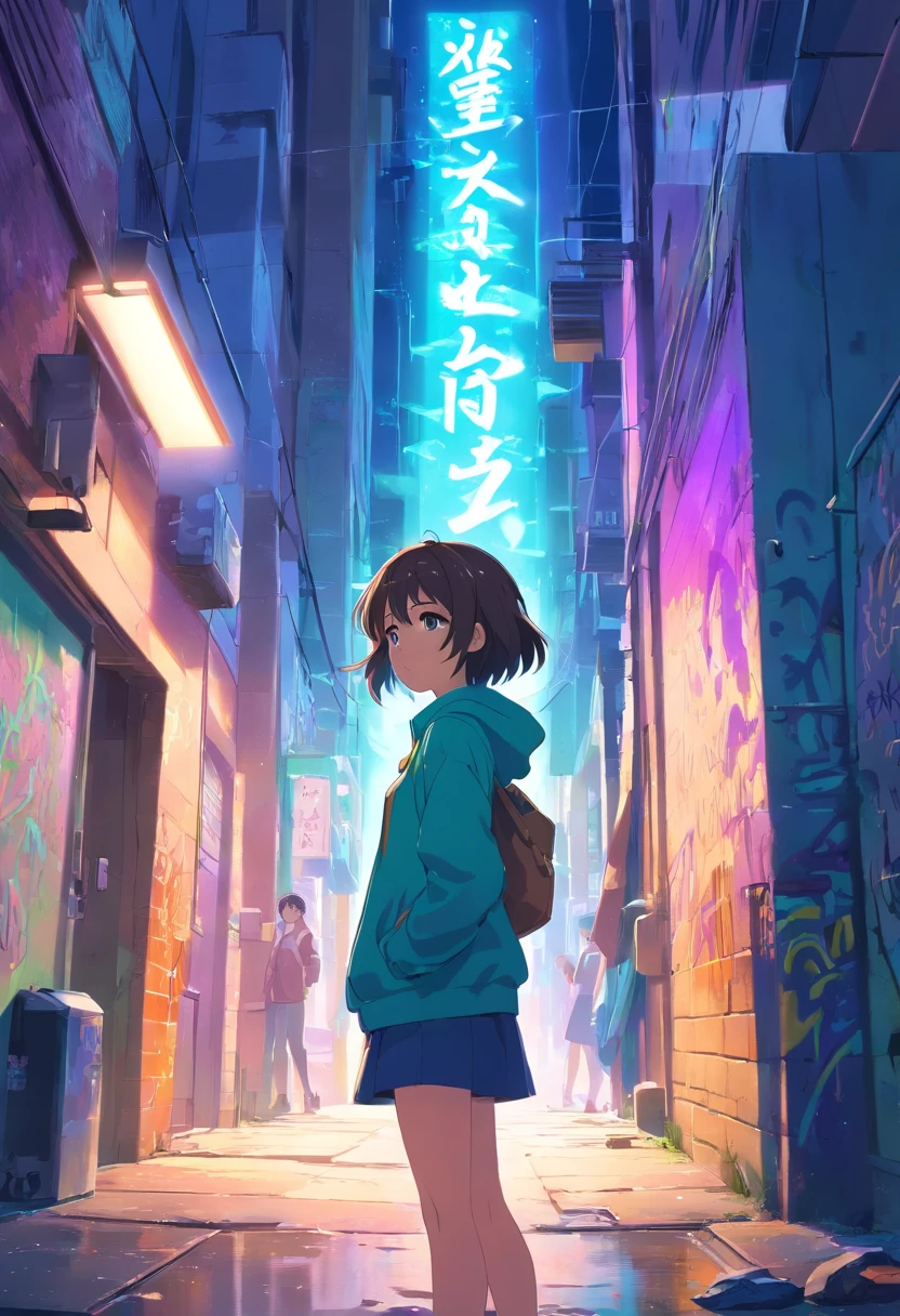 imagem em formato 9:- 21 of a pixação-style graffiti, em muro, com arte nas cores azul, verde, e roxo