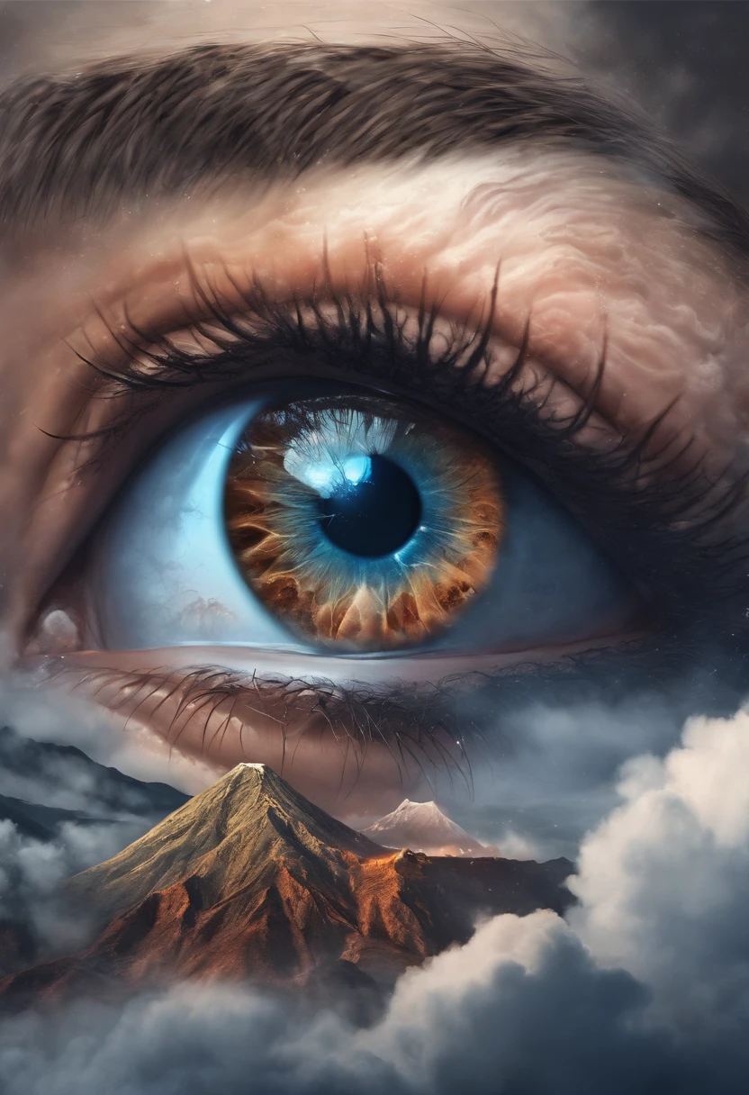 eye in the middle of a cloud of volcano smoke, Volcano erupting with eye on top, tons de azul, arte digital inspirada em Cyril Rolando, surrealismo, Portrait of a giant eye in the smoke of a volcano, mystic eye, nuvem de fumo com um olho, surrealismo
