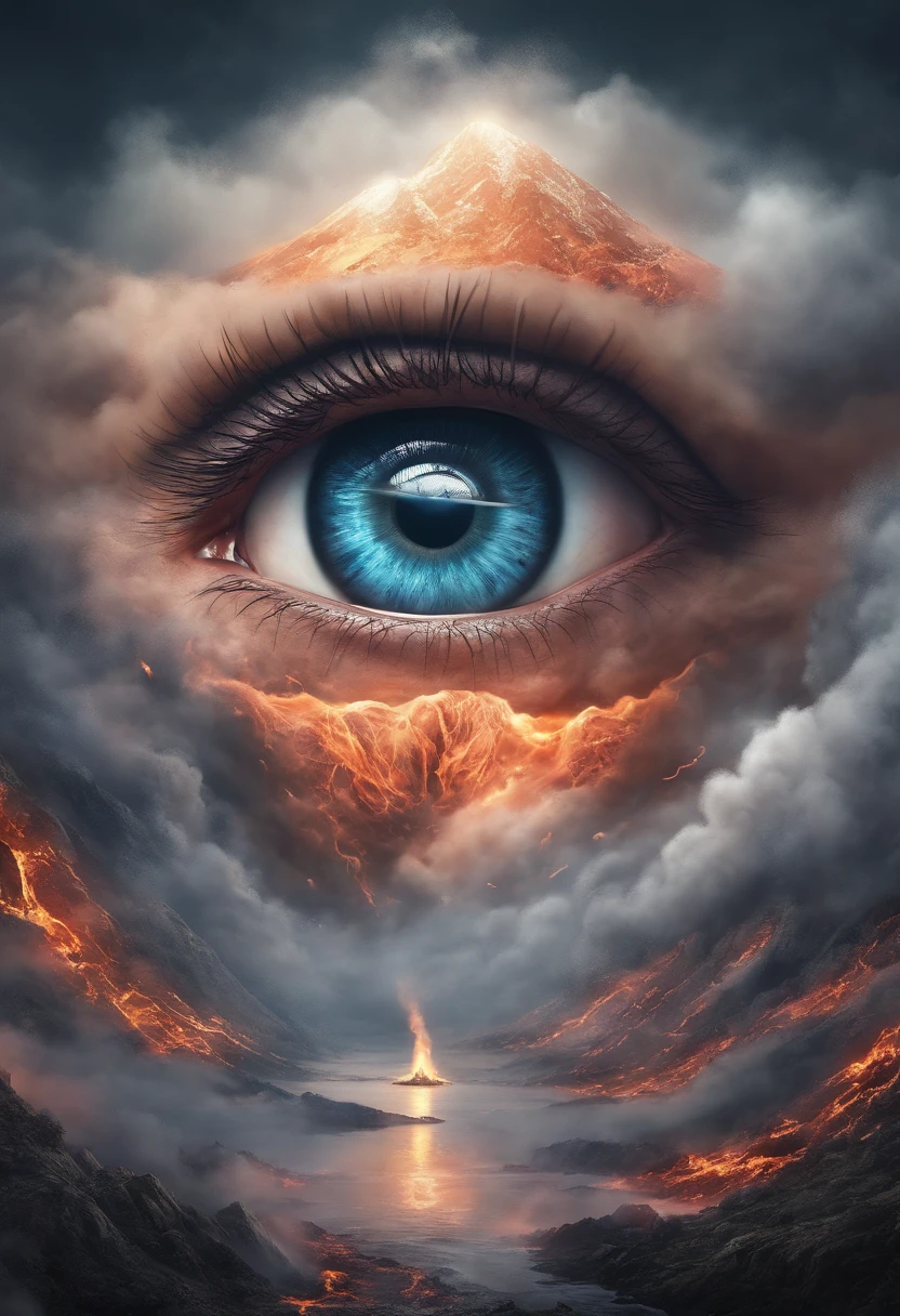 eye in the middle of a cloud of volcano smoke, Volcano erupting with eye on top, tons de azul, arte digital inspirada em Cyril Rolando, surrealismo, Portrait of a giant eye in the smoke of a volcano, mystic eye, nuvem de fumo com um olho, surrealismo