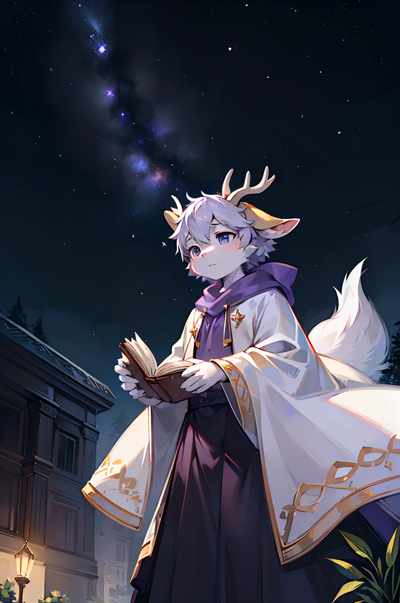 A white deer,White robe,Purple shawl,starrysky,As estrelas,nigth,Book in hand,basket,adolable,Beast too,Ambiguous gender,the pale blue sky,On the grass,Bright stars,deer antlers,Deep eyes