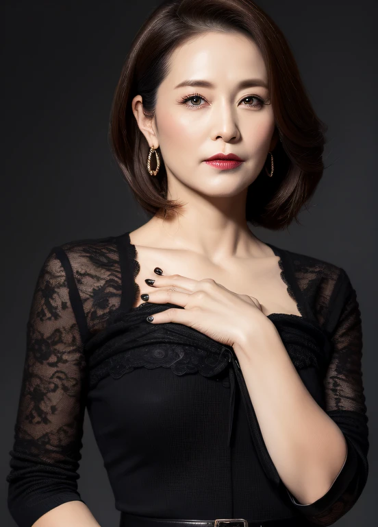 masterpiece,best quality, (one milf), ((portrait:1.5)), makeup, elegant black shirt, touch own chest, ((seduction expression)),