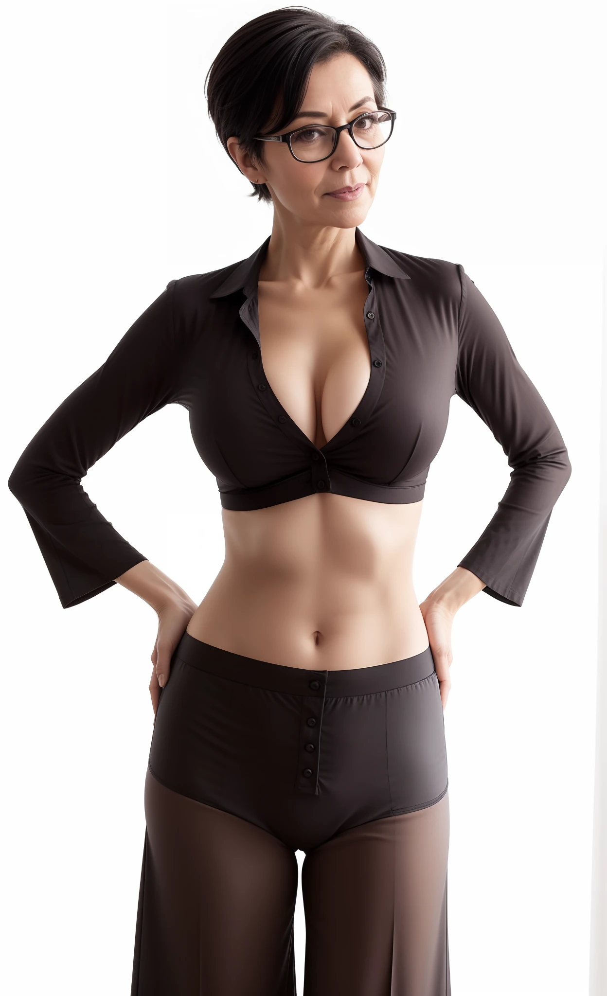 overly succinct clothed bespectacled cheeky aged elderly older mature nerd self-confident authoritative lady boss brazenly wears unbuttoned black fit stretched overly skimpy midriff-shirt with tall neck and short sleeves and with deep unglued V-neck pinned by one only button, extremely low rise black trousers, short shaved mature French madam dark hair-cut, drop-shaped overly big deep belly-button, exceedingly broad sultry hips! hourglass slim mature skinny toned figure! this mature lady is proud of her little abs!