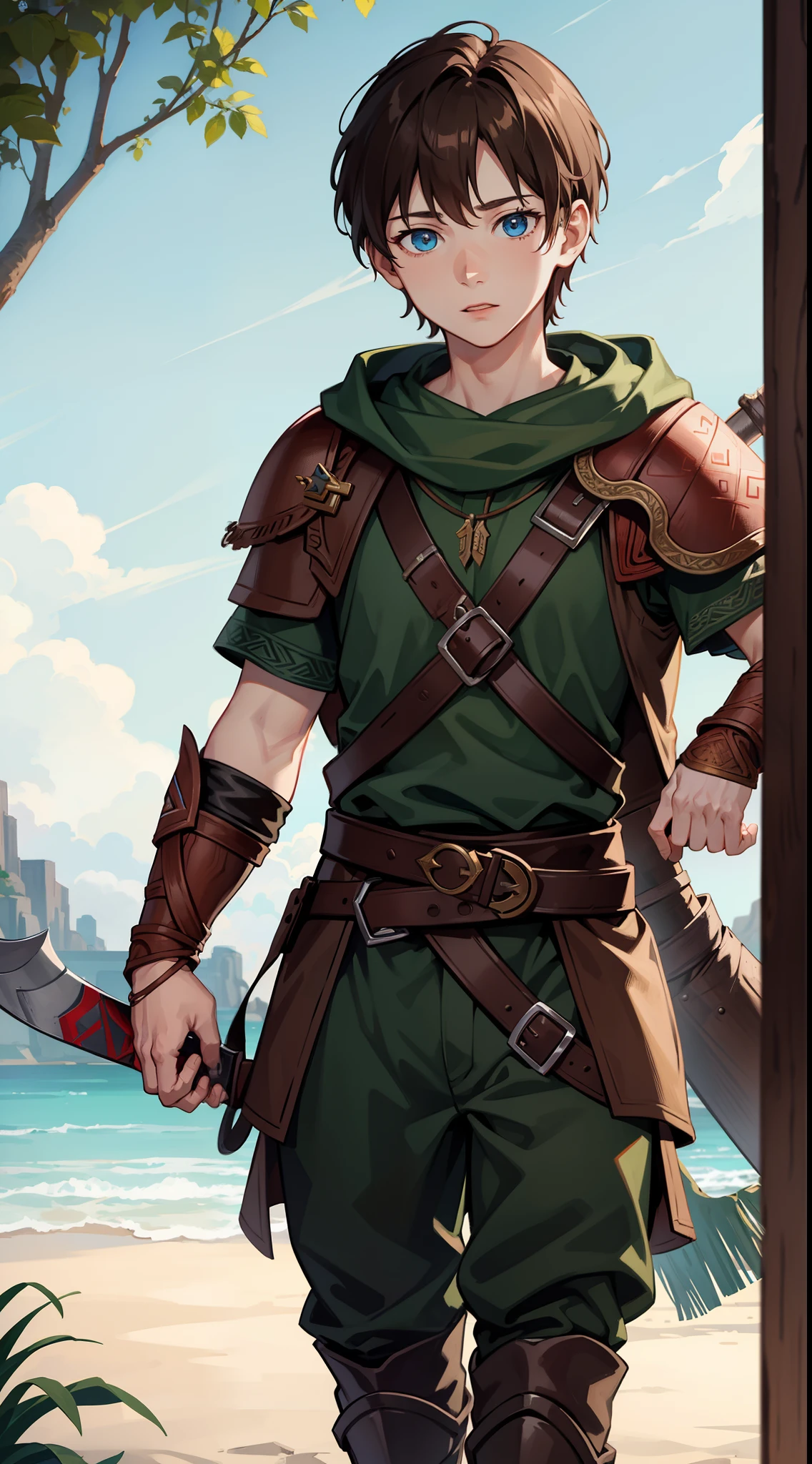 young boy, Atreus (God of War), Brown hair, Cyan eyes, Hunter's clothes, Viking, Masterpiece, hiquality, high detail, HD, 4k