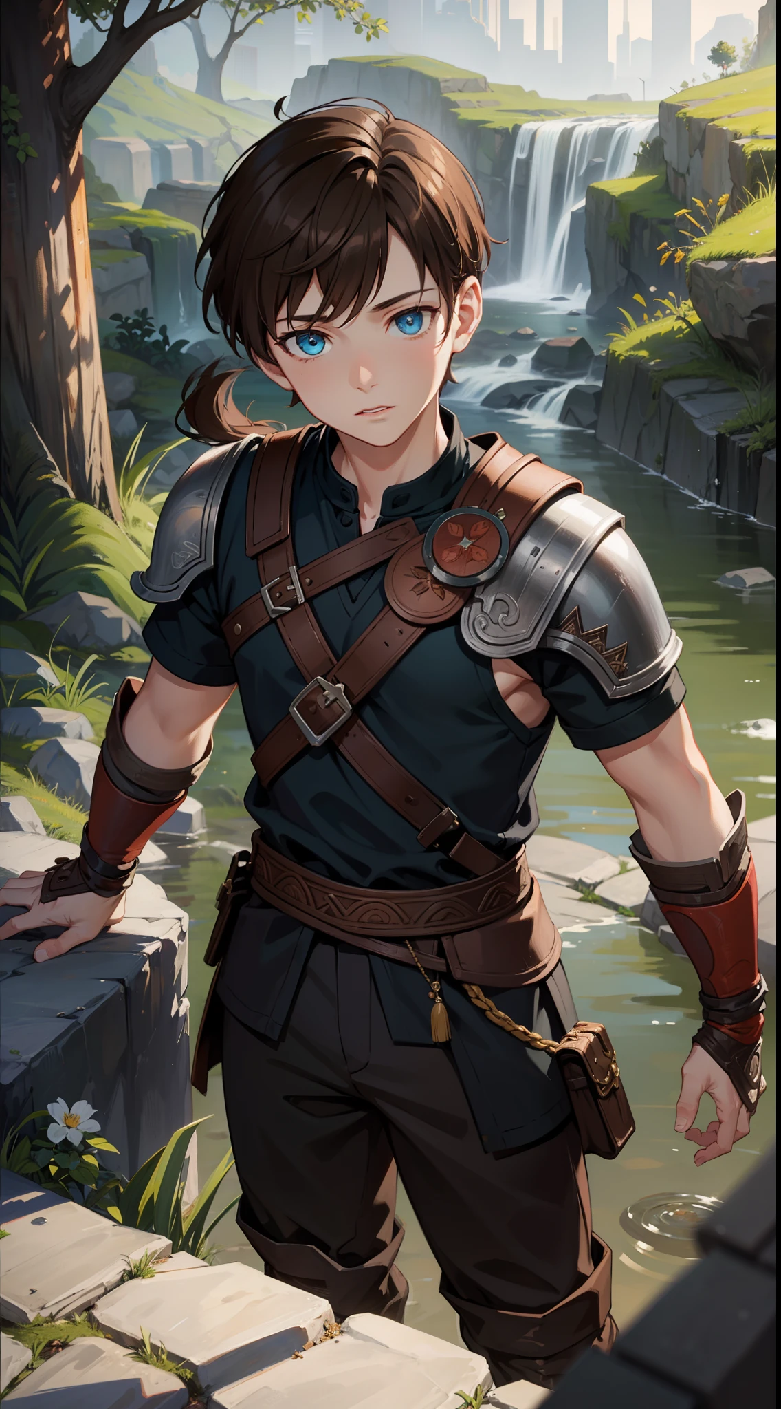 young boy, Atreus (God of War), Brown hair, Cyan eyes, Hunter's clothes, Viking, Masterpiece, hiquality, high detail, HD, 4k