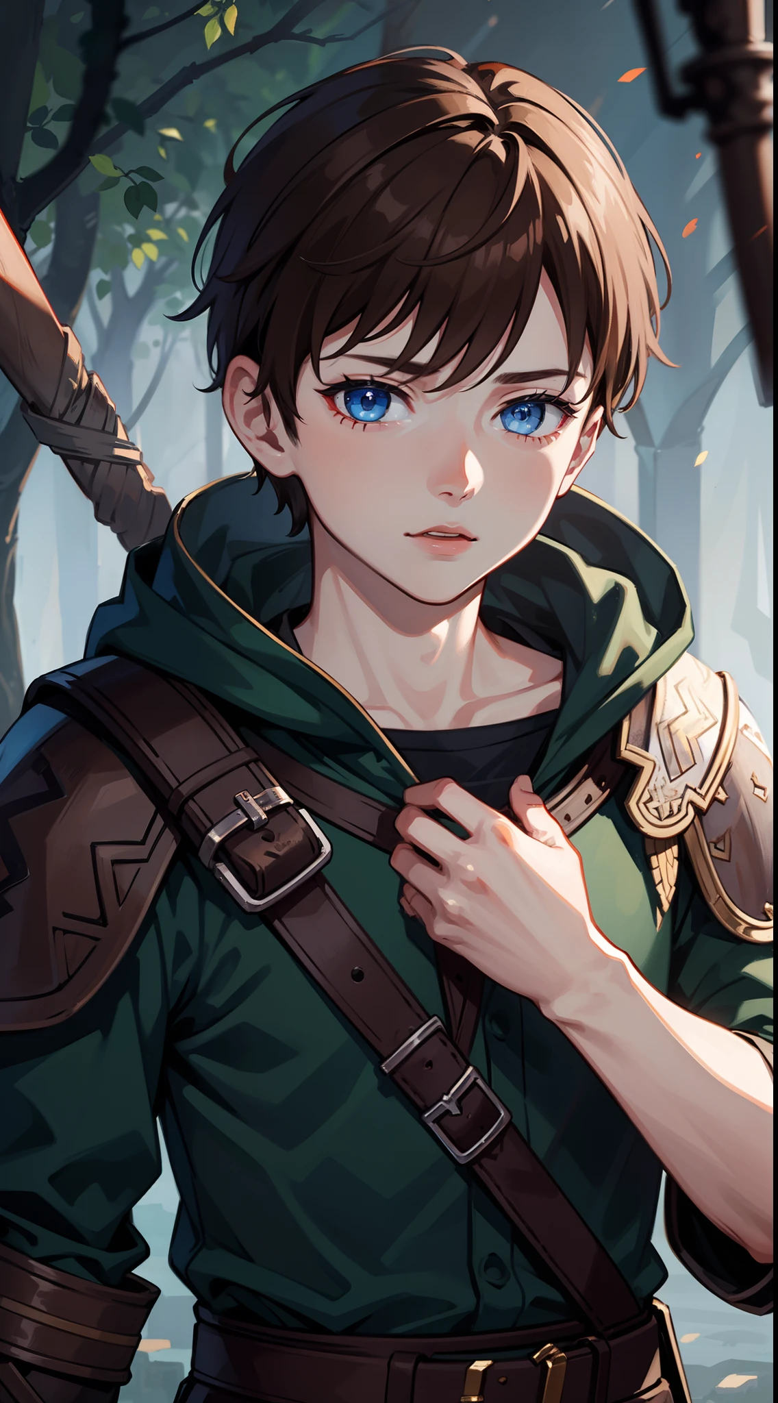 young boy, Atreus (God of War), Brown hair, Cyan eyes, Hunter's clothes, Viking, Masterpiece, hiquality, high detail, HD, 4k