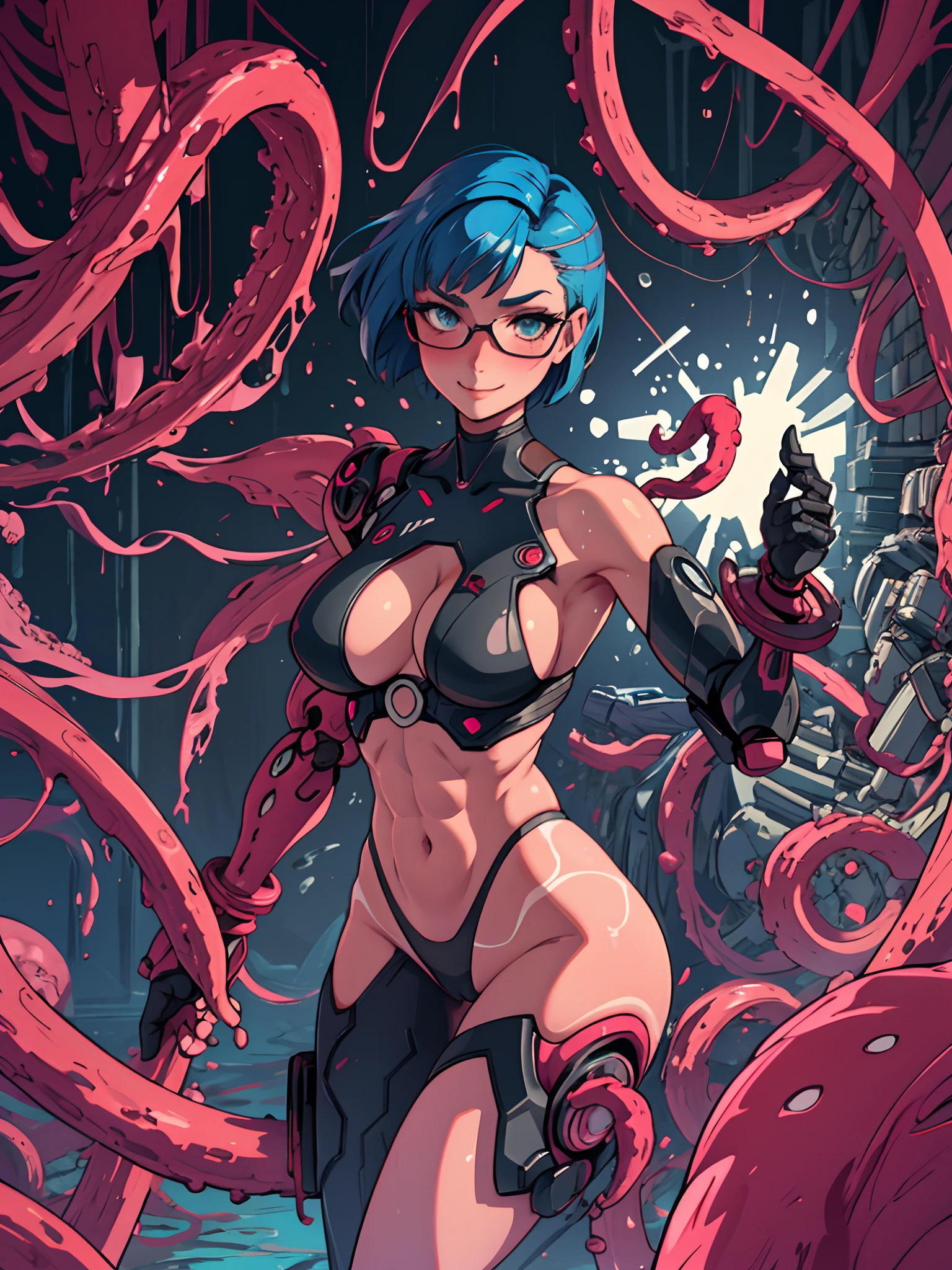 Beautiful woman with tentacles wrapped around her body, professional artwork, detailed eyes, beautiful eyes, beautiful face, flawless face, gorgeous face, smooth features, huge breasts, blush, thick thighs, short hair, beautifully detailed background, bdsm, wet body, surrounded by tentacles, body wrapped in tentacles, tentacles grabbing woman, tentacle penetrating, many tentacles, tentacle inside, muscular body, fit, buff, strong woman, abs, muscular arms, muscular legs, thick, thicc, curvaceous, voluptuous, pleasure, pleasured expression, milk leaking from breasts, white liquid splattered everywhere, vaginal penetration, thick tentacle in vagina, tentacle sex, sex, tentacle inside, bondage, white liquid on body, tentacles groping breasts, white liquid spraying everywhere, smiling, sexy gorgeous woman having sex with a multitude of tentacles, thick tentacles, thick tentacle sliding into vagina, white liquid in vagina, thick white liquid all over woman's body, white liquid on breasts, white liquid on face, tentacles on woman, lingerie, wet body, orgasm, ejaculation, tentacle porn, undercut hair, sidecut, one side of head shaved, short hair, scifi, sci-fi, science fiction, cyberpunk, cyborg woman, cybernetics, robotic limbs, robot arms, robot legs, cyborg, mechanical, prosthetics, glasses, tanned, tanlines, dark skin, brown skin, olive skin, blue hair