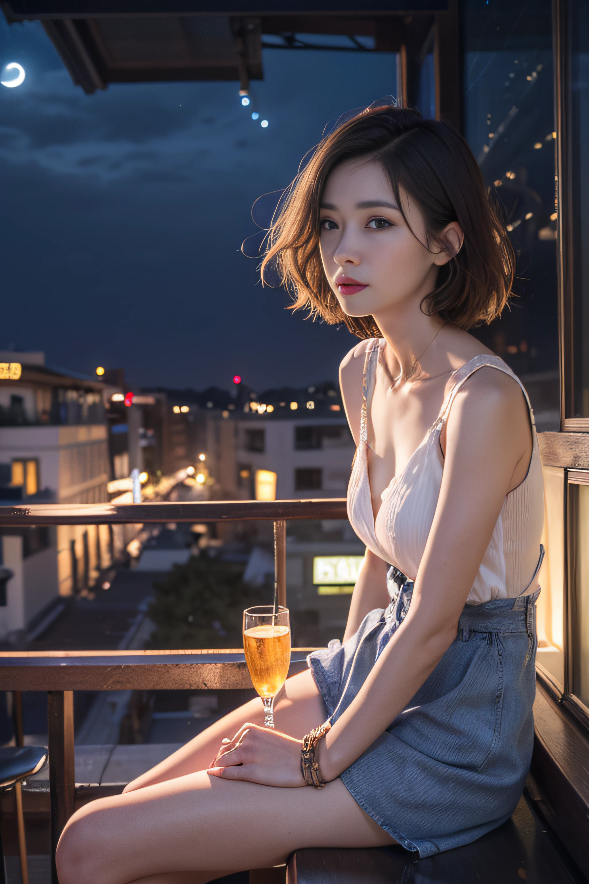 1girl in、(mid night)、Beautiful sky、cafes、sitting on、(beautiful and detailed face:1.4)、Textured skin、lighting like a movie、Sleeveless