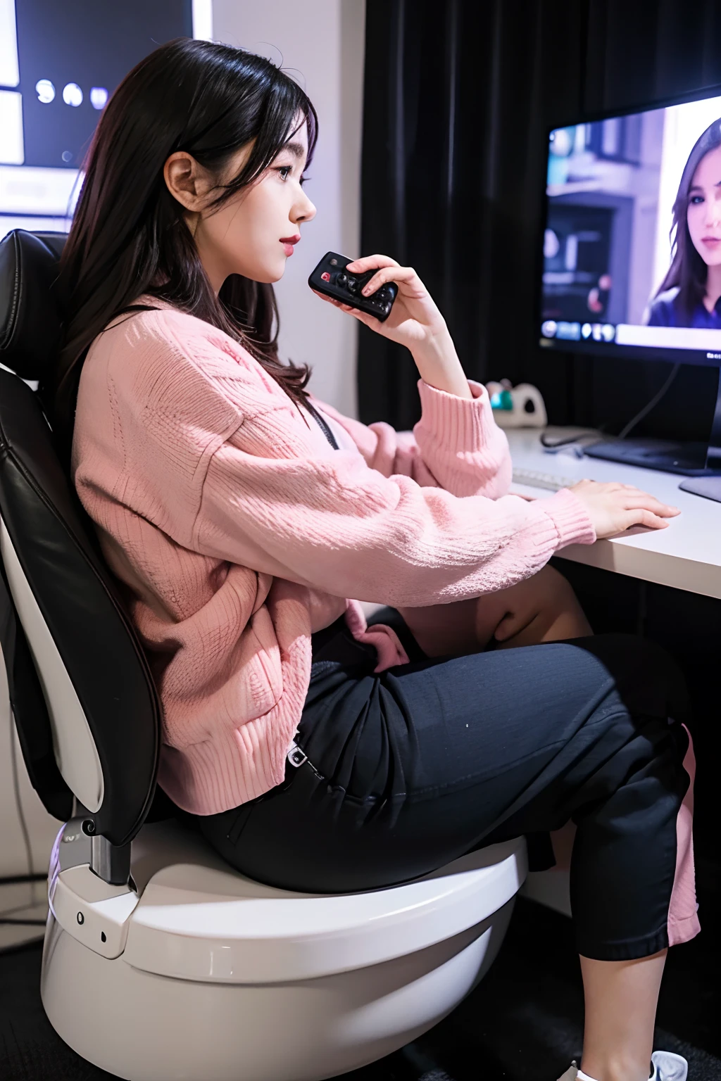 woman sitting in a chair with a remote control in front of a computer, twitch streamer, gaming chair as a toilet, gaming chair, for aaa game, gamer aesthetic, pokimane, e-sport style, profile picture 1024px, casual pose, captured on canon eos r 6, thicc, e - girl, e-girl, some pink, 21 years old