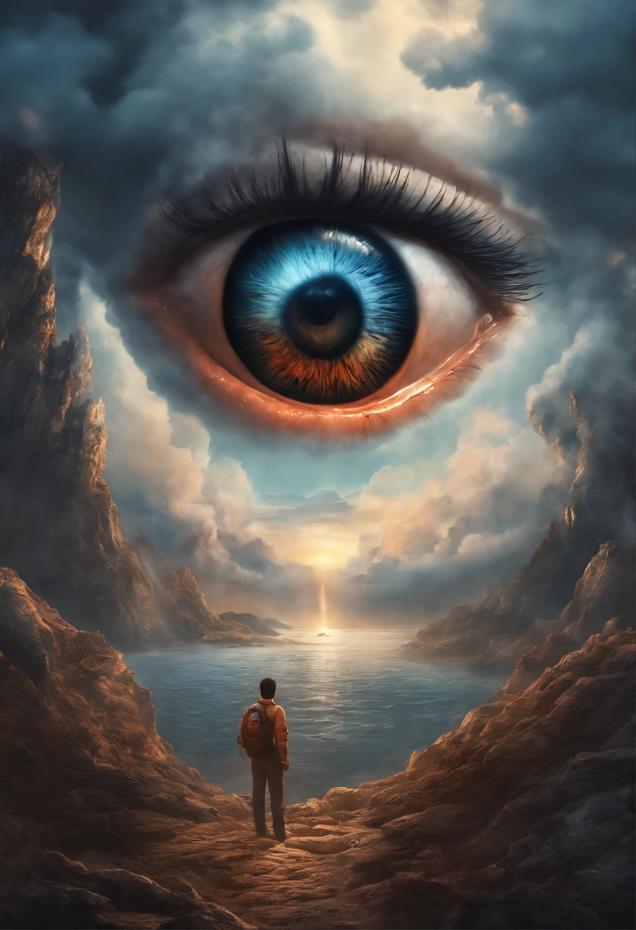 eye in the middle of a cloud of volcano smoke, Volcano erupting with eye on top, tons de azul, arte digital inspirada em Cyril Rolando, surrealismo, Portrait of a giant eye in the smoke of a volcano, mystic eye, nuvem de fumo com um olho, surrealismo