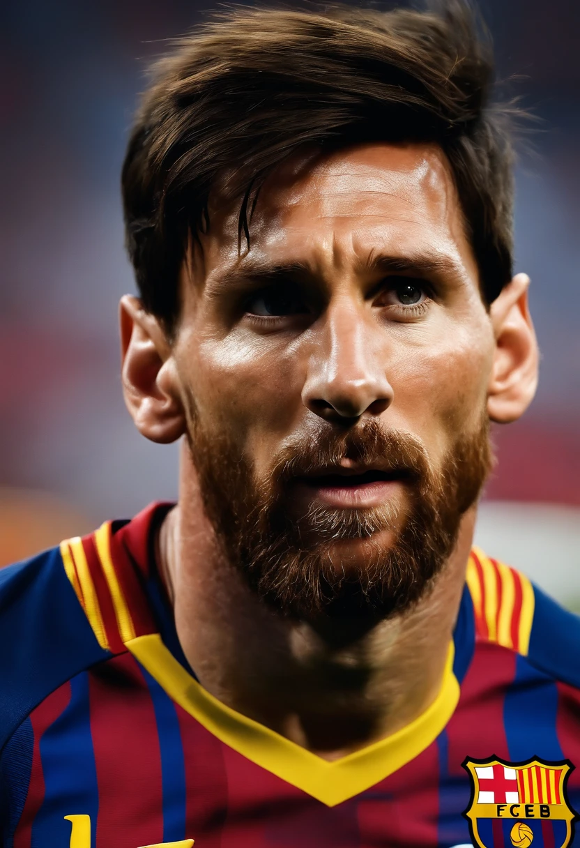 imagem hiper-realista de Lionel Messi em uma pose de frente, olhando para frente, vestindo a camisa vermelha. with all the details of facial expression, do cabelo, das texturas da camisa e da pele, as well as realistic lighting that highlights its features. convey all the intensity and determination that Messi shows on the pitch, becoming an authentic and impressive representation of this icon of the extreme realism of world football in interview position. olhando para frente