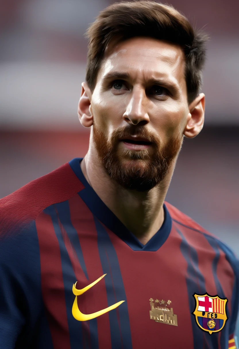 imagem hiper-realista de Lionel Messi em uma pose de frente, olhando para frente, vestindo a camisa vermelha. with all the details of facial expression, do cabelo, das texturas da camisa e da pele, as well as realistic lighting that highlights its features. convey all the intensity and determination that Messi shows on the pitch, becoming an authentic and impressive representation of this icon of the extreme realism of world football in interview position. olhando para frente