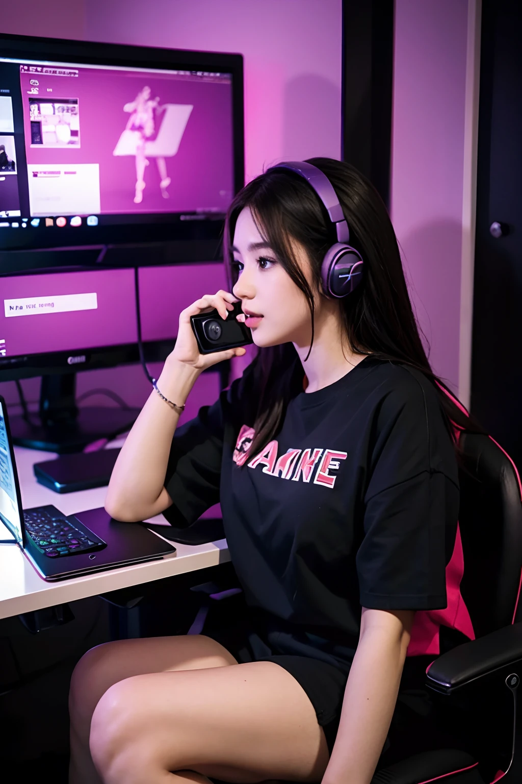 woman sitting in a chair with a remote control in front of a computer, twitch streamer, gaming chair as a toilet, gaming chair, for aaa game, gamer aesthetic, pokimane, e-sport style, profile picture 1024px, casual pose, captured on canon eos r 6, thicc, e - girl, e-girl, some pink, 21 years old