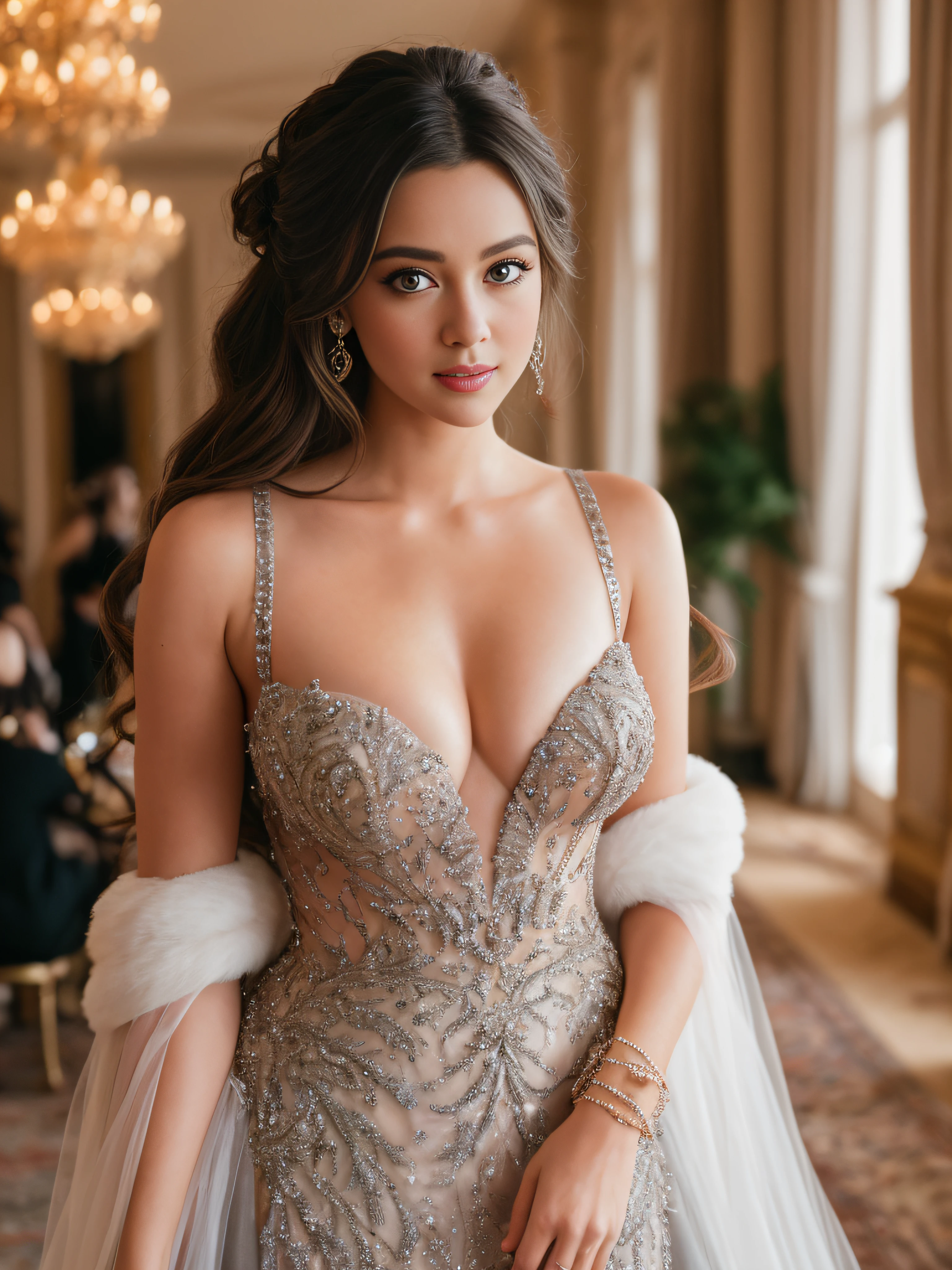 At a party in a ballroom, in a mansion in a large metropolis in the United States, a beautiful businesswoman, wearing a black and gray full-length fitted ball gown with bare shoulders, covering her arms with an extremely luxurious coat, white skin, brown hair, green eyes, extremely detailed light hazel eyes, detailed symmetric realistic face, extremely detailed natural skin texture, peach fuzz, messy hair, masterpiece, absurdres, nikon d850 film stock photograph, kodak portra 400 camera f1.6 lens, extremely detailed, amazing, fine detail, rich colors, hyper realistic lifelike texture, dramatic lighting, cinestill 800 tungsten, raw photo, high quality, highres, sharp focus, extremely detailed, cinematic lighting, 8k uhd