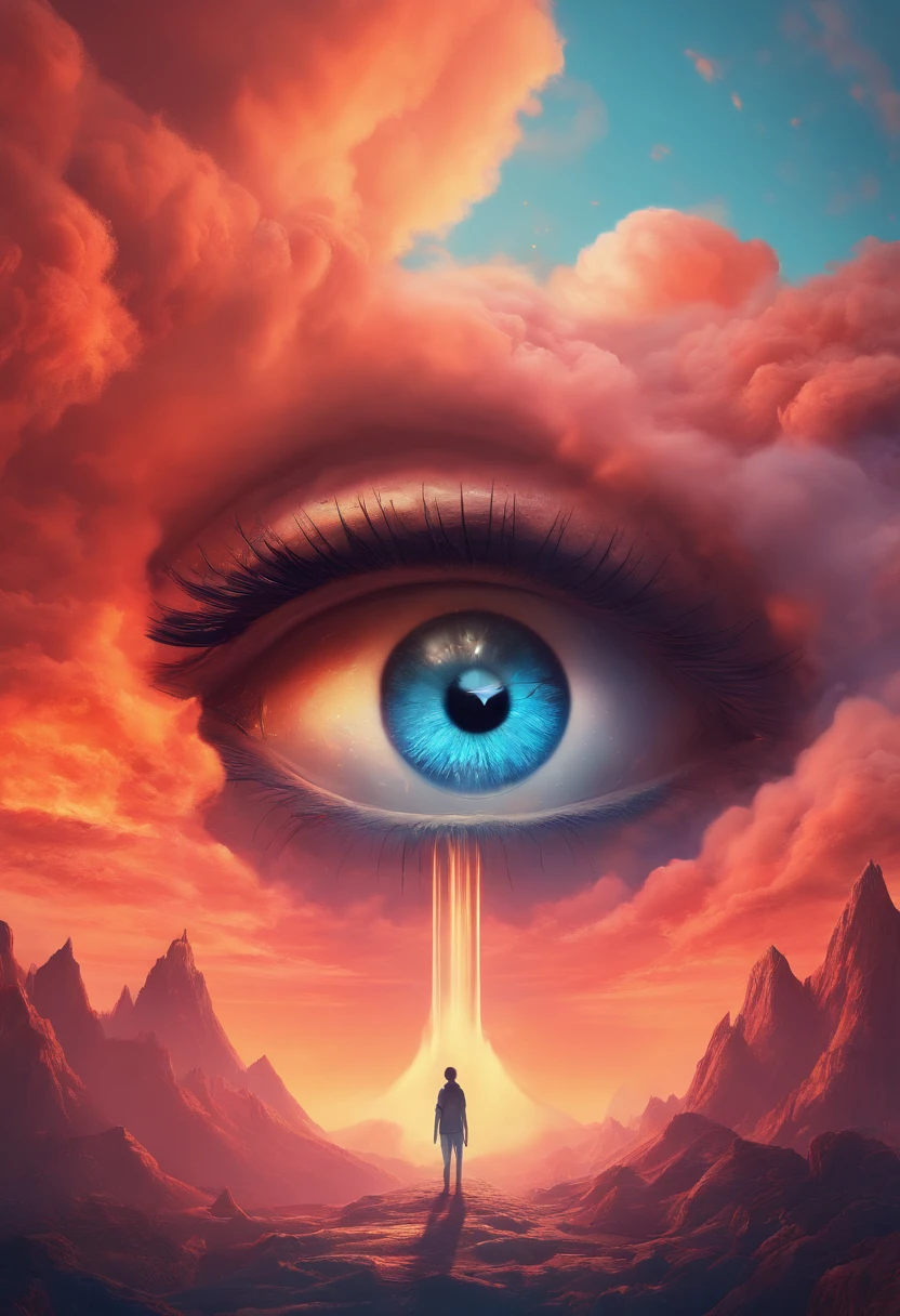 eye in the middle of a cloud of volcano smoke, Volcano erupting with eye on top, tons de azul, arte digital inspirada em Cyril Rolando, surrealismo, Portrait of a giant eye in the smoke of a volcano, mystic eye, nuvem de fumo com um olho, surrealismo