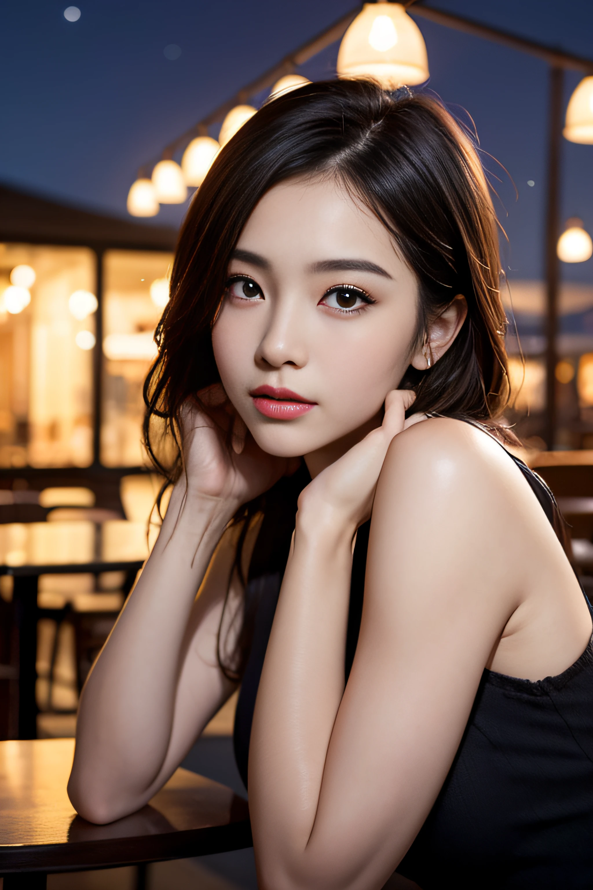 1girl in、(mid night)、Beautiful sky、cafes、sitting on、(beautiful and detailed face:1.4)、Textured skin、lighting like a movie、Sleeveless