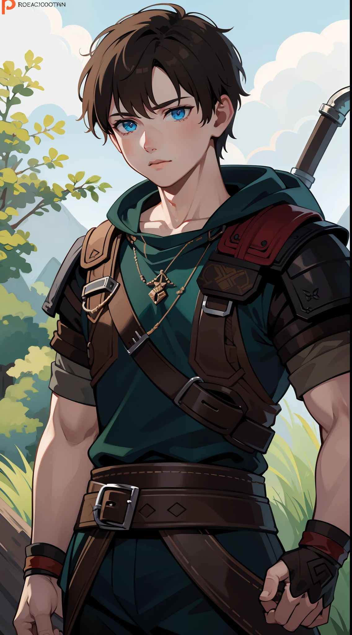 young boy, Atreus (God of War), brown hair, Cyan eyes, Hunter's clothes, Viking, Masterpiece, hiquality, high detail, HD, 4k