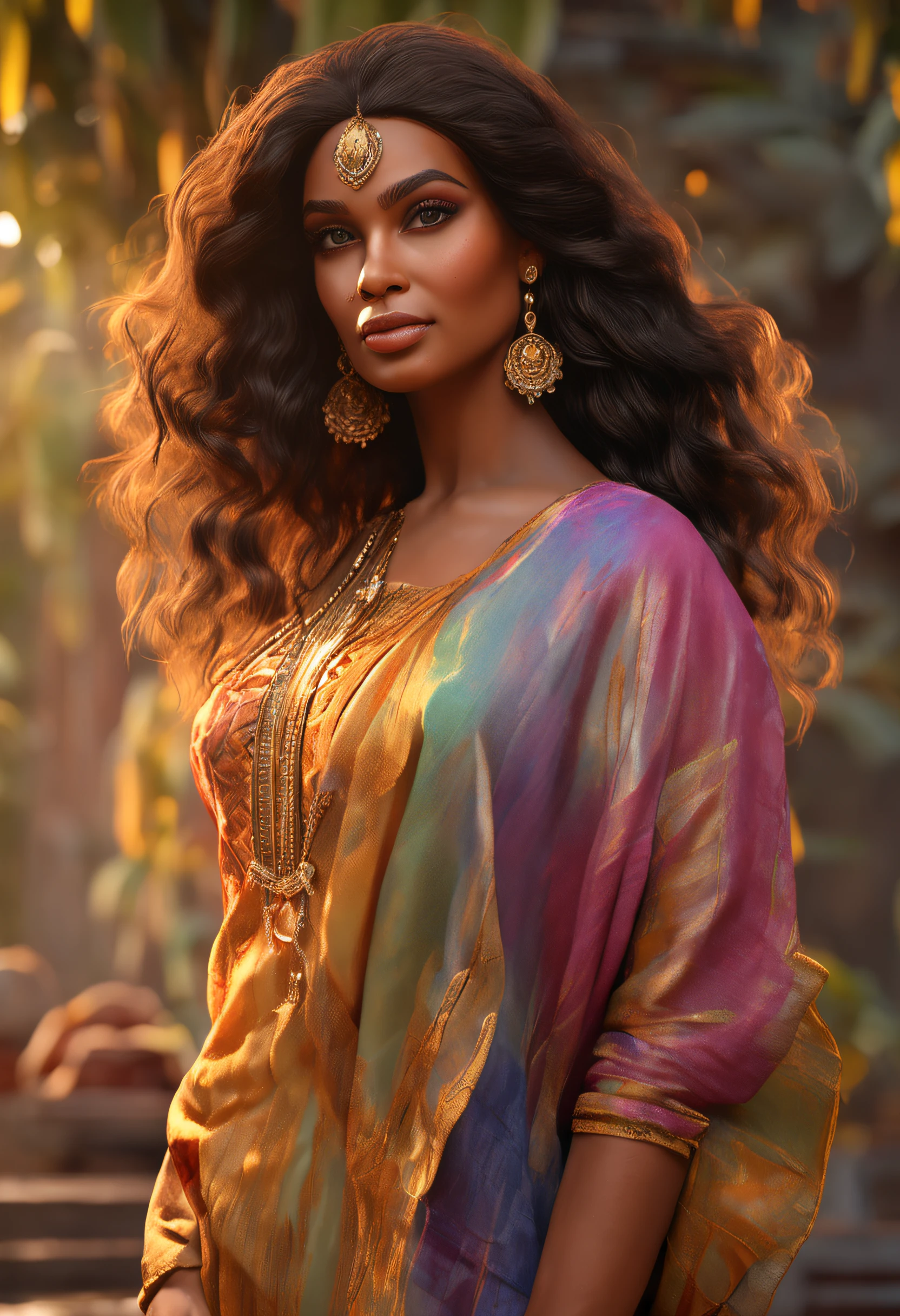 an ultra realistic shot of a very beautiful Indian modern woman with gorgeous brown hair posing for a picture, extremely detailed and clear facial features, realistic barbie doll, realistic anime art style, The color palette consists of warm, golden tones reflecting the sunlight. Her eyes, filled with the colors of a vibrant sunset, captivate the viewer. The illustration radiates a sense of ethereal beauty and connection to nature, cinematic, Hyper-detailed, insane details, Beautifully color graded, Unreal Engine, DOF, Super-Resolution, Megapixel, Cinematic Lightning, Anti-Aliasing, FKAA, TXAA, RTX, SSAO, Post Processing, Post Production, Tone Mapping, CGI, VFX, SFX, Insanely detailed and intricate, Hyper maximalist, Hyper realistic, Volumetric, Photorealistic, ultra photoreal, ultra-detailed, intricate details, 8K, Super detailed, Full color, Volumetric lightning, HDR, Realistic, Unreal Engine, 16K, Sharp focus, cgsociety 9