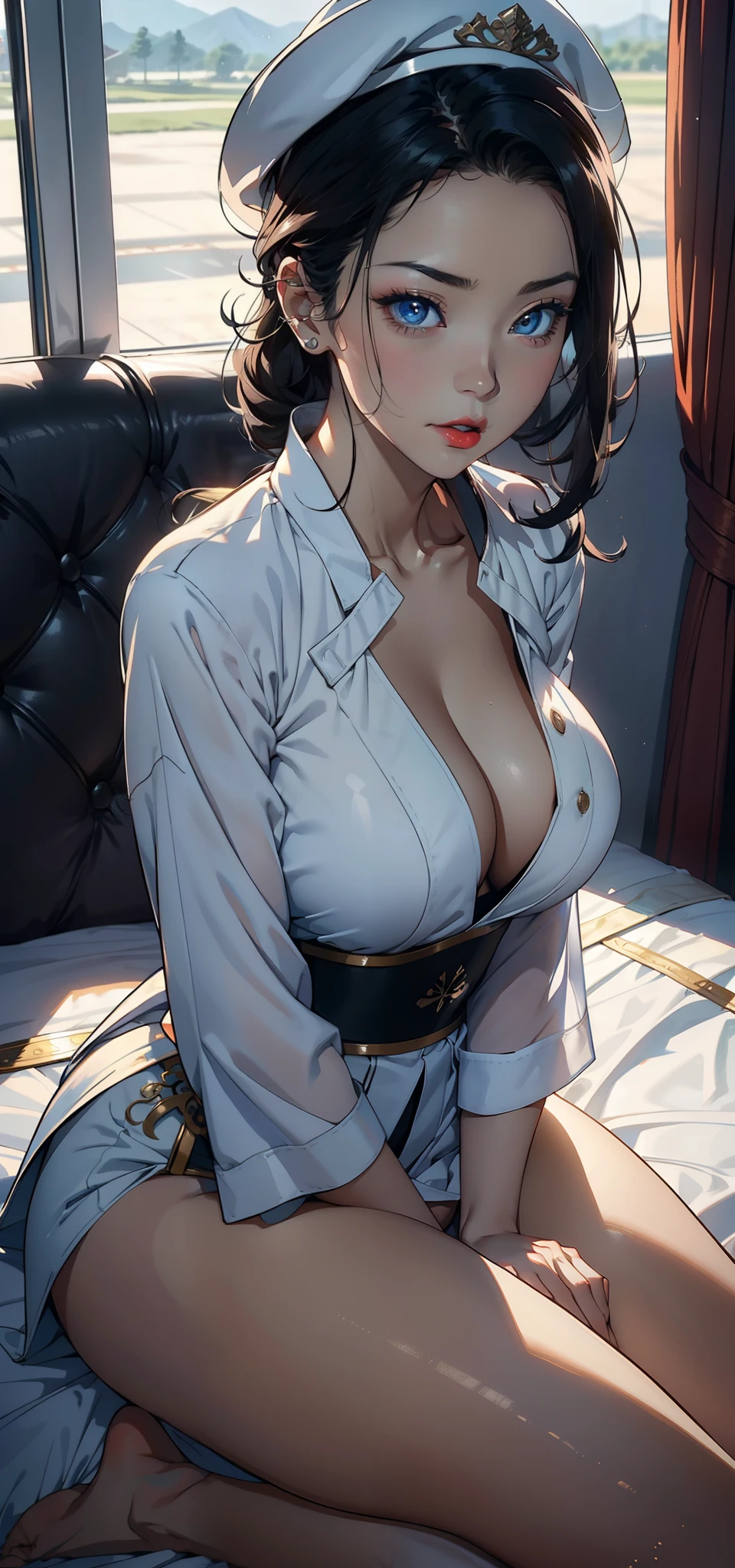 1womanl,33yo,熟妇,A MILF,extremely large bosom,Raised sexy,Pornographic exposure, 独奏,(Background with:aerodrome,ln the forest,Planes,)in an airplane, She has short black hair,bobo head,Redlip,裸体少女,dynamicposes,seen from the front, hair straight, mostly cloudy sky,(((tmasterpiece),(Very detailed CG unity 8K wallpaper),best qualtiy,cinmatic lighting,detailed back ground,beatiful detailed eyes,Bright pupils,(Very fine and beautiful),(Beautiful and detailed eye description),Blue eyes,Redlip,ultra - detailed,tmasterpiece,)),facing at camera,(The upper part of the body),A high resolution,ultra - detailed),revealing breasts,Bare genitalia, Bulge,sit on a bed,Leakage of the genitals,Incontinence,legs are open,sexyposture,Camel toes,Flushed complexion,Open-mouthed,frontage,Chinese flight attendant,beret(Wearing:,White Hanfu)