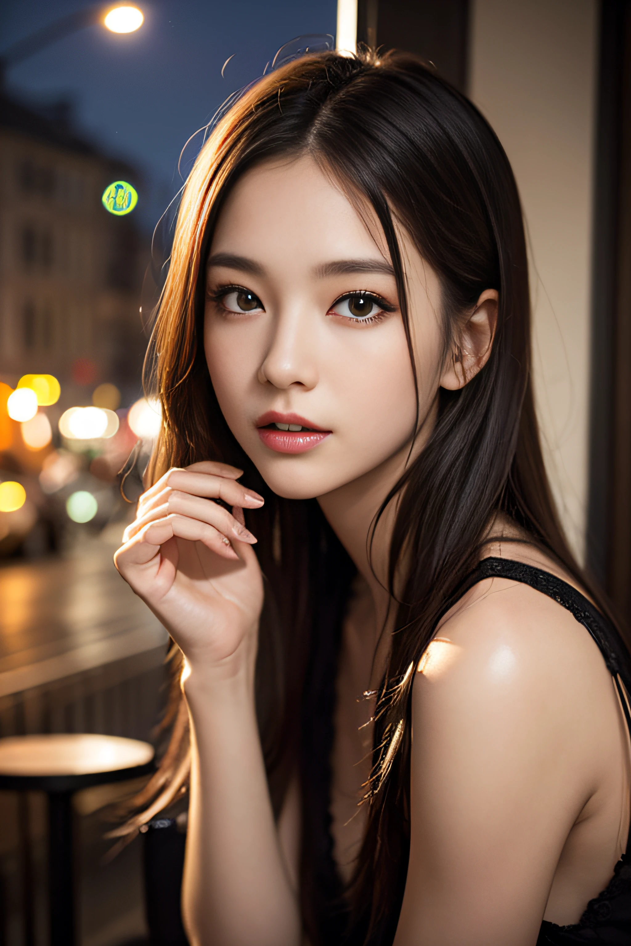 1girl in、(mid night)、Beautiful sky、cafes、sitting on、(beautiful and detailed face:1.4)、Textured skin、lighting like a movie、Sleeveless